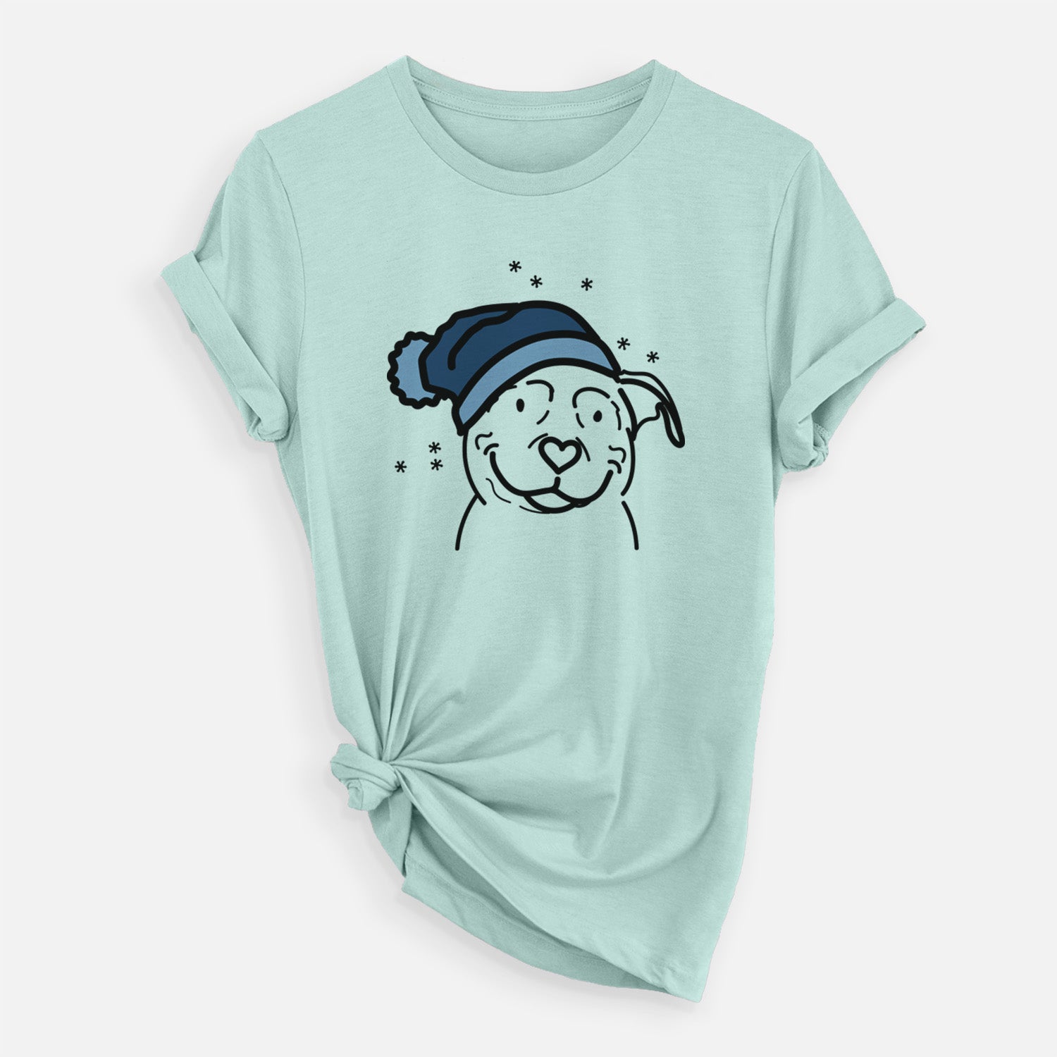 Minimalist line drawing of Lady the American Pitbull Terrier wearing a winter beanie on a Heather Sage Unisex crewneck
