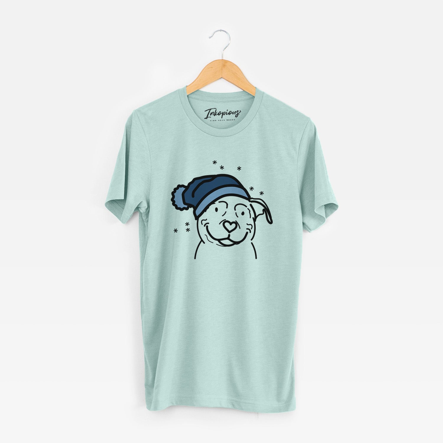 Minimalist line drawing of Lady the American Pitbull Terrier wearing a winter beanie on a Heather Sage Unisex crewneck