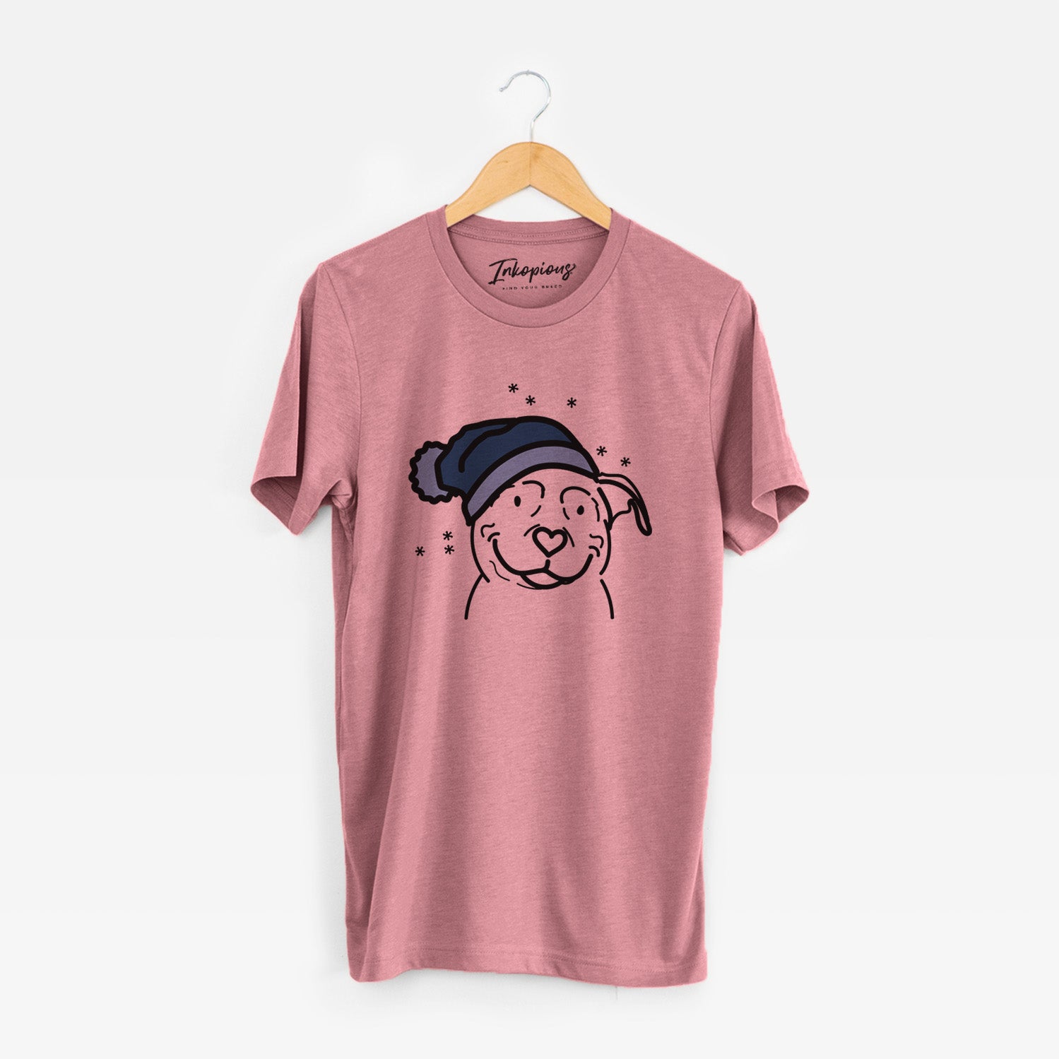 Minimalist line drawing of Lady the American Pitbull Terrier wearing a winter beanie on a Mauve Unisex crewneck
