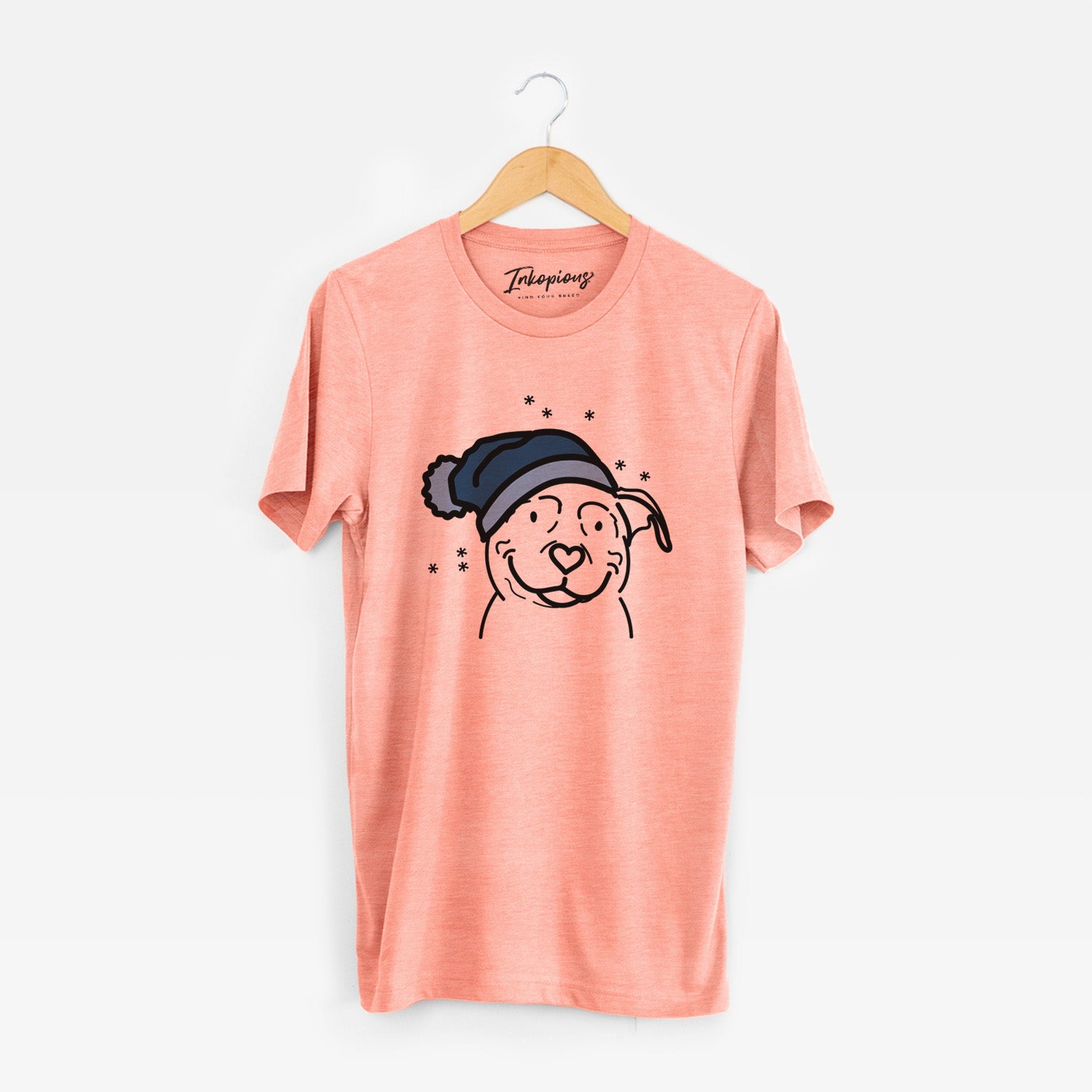 Minimalist line drawing of Lady the American Pitbull Terrier wearing a winter beanie on a Sunset Unisex crewneck