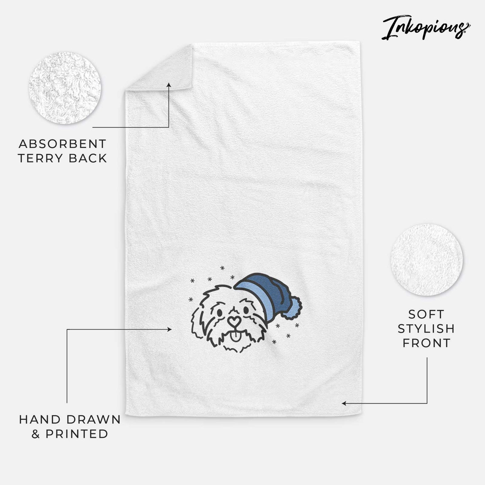 Minimalist line drawing of Leo the Shih Tzu wearing a winter beanie on a decorative hand towel