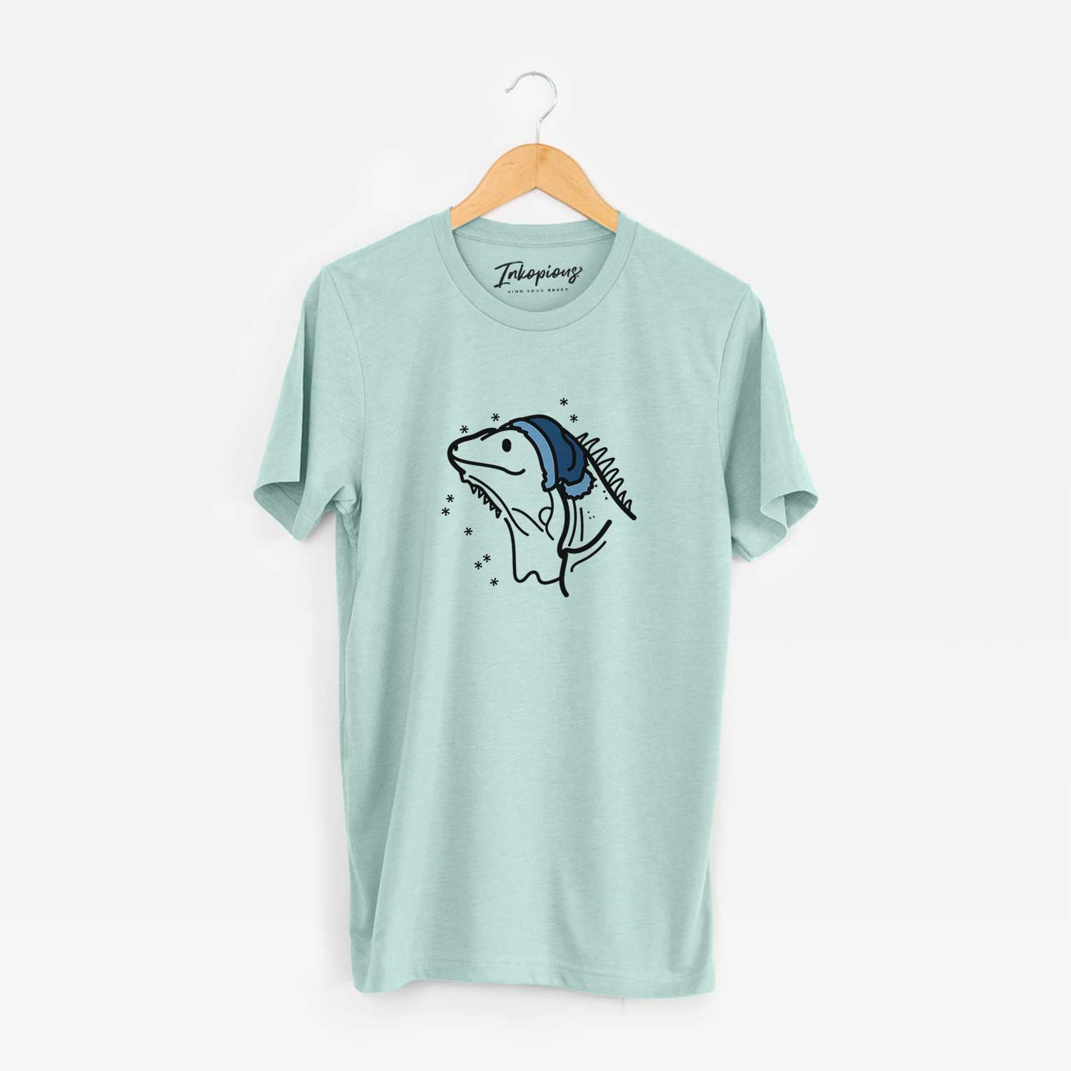 Minimalist line drawing of Louie the Iguana wearing a winter beanie on a Heather Sage Unisex crewneck