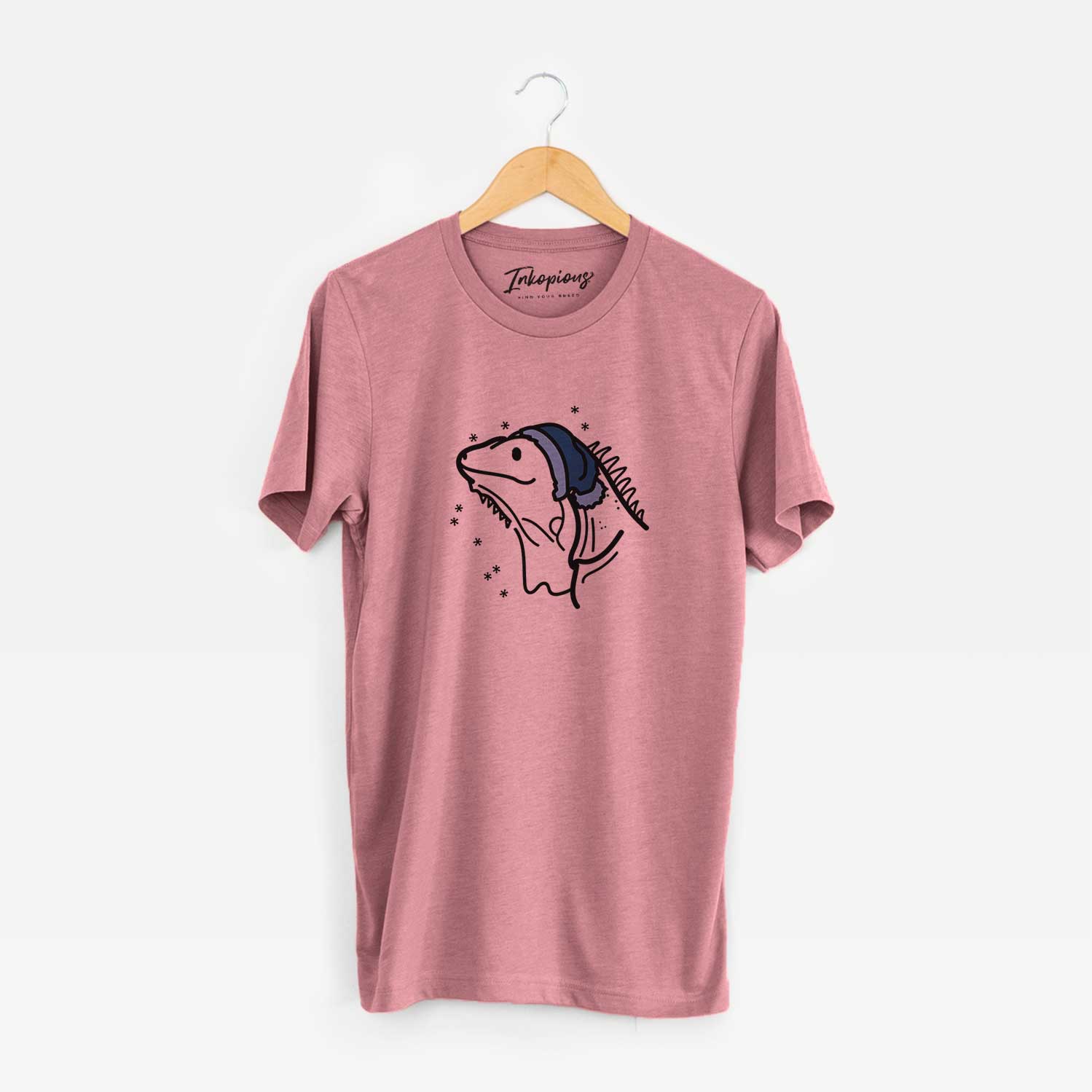 Minimalist line drawing of Louie the Iguana wearing a winter beanie on a Mauve Unisex crewneck
