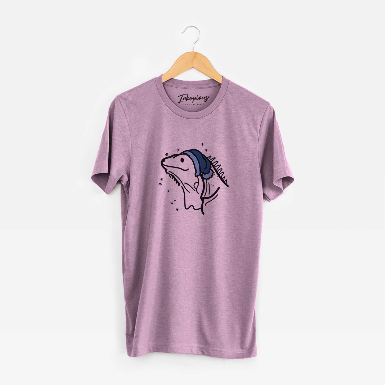 Minimalist line drawing of Louie the Iguana wearing a winter beanie on an Orchid Unisex crewneck