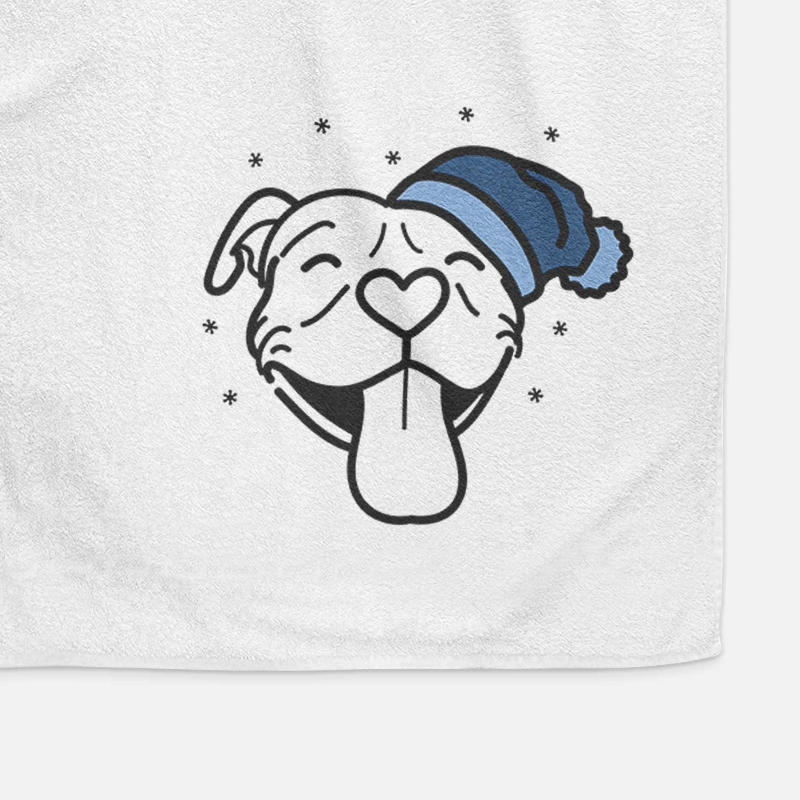 Minimalist line drawing of Louie the Pitbull wearing a winter beanie on a decorative hand towel