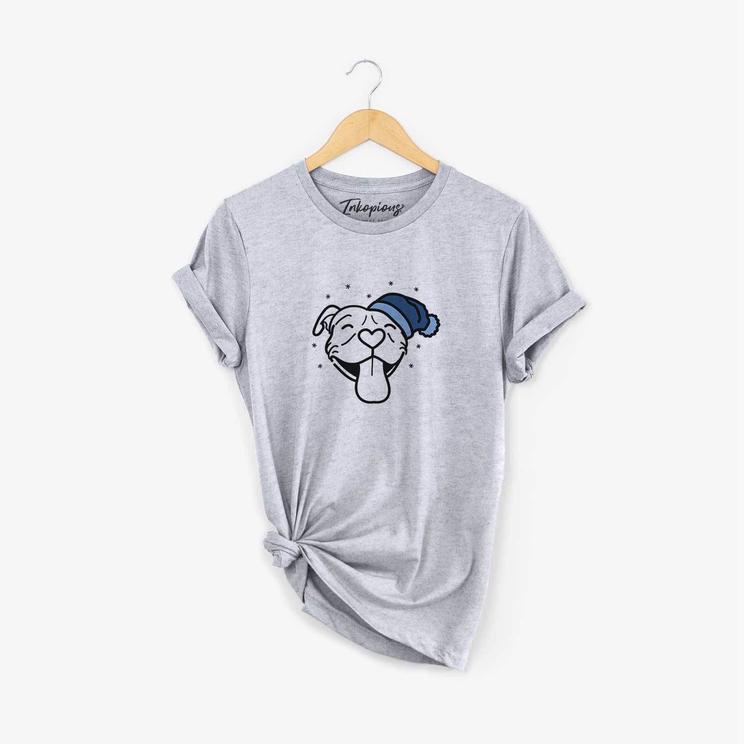 Minimalist line drawing of Louie the Pitbull wearing a winter beanie on a Grey Unisex crewneck