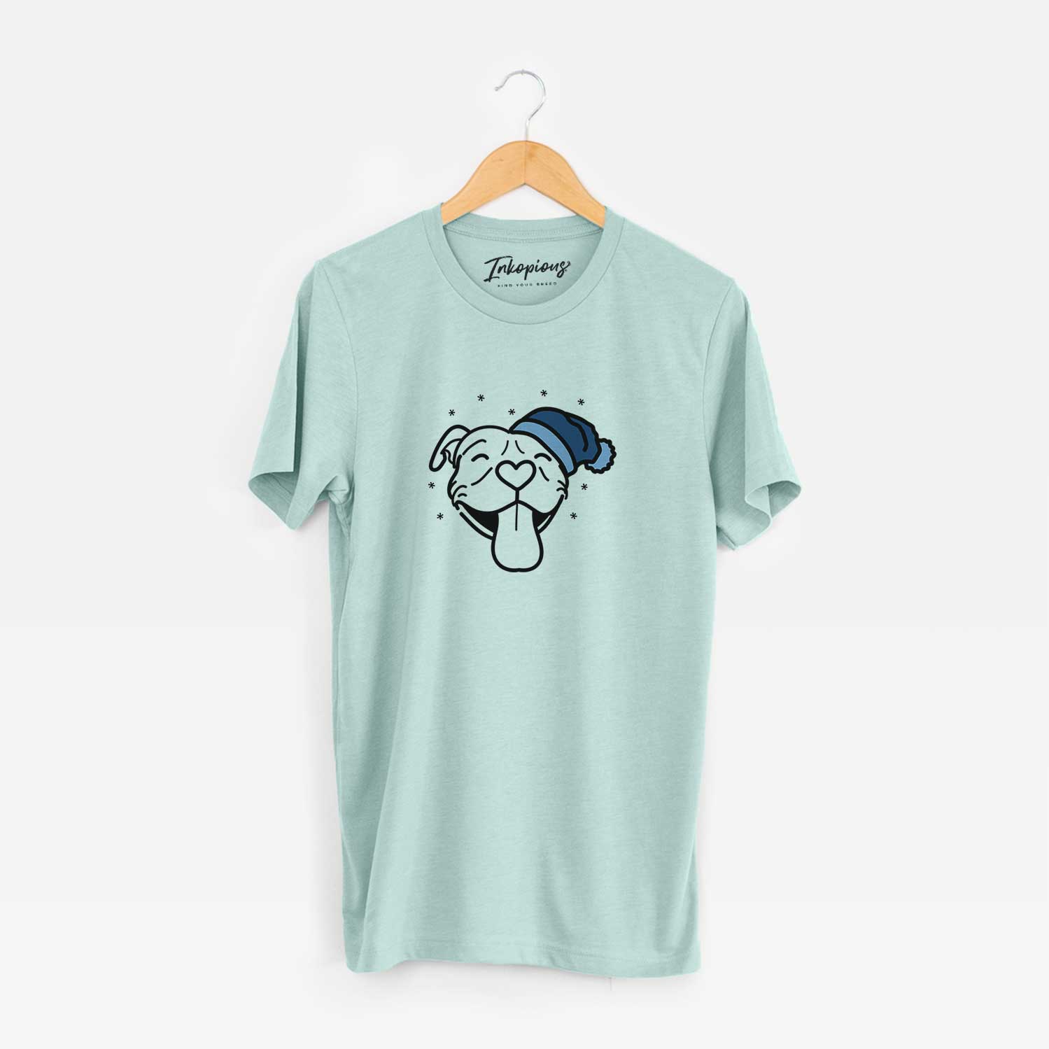 Minimalist line drawing of Louie the Pitbull wearing a winter beanie on a Heather Sage Unisex crewneck