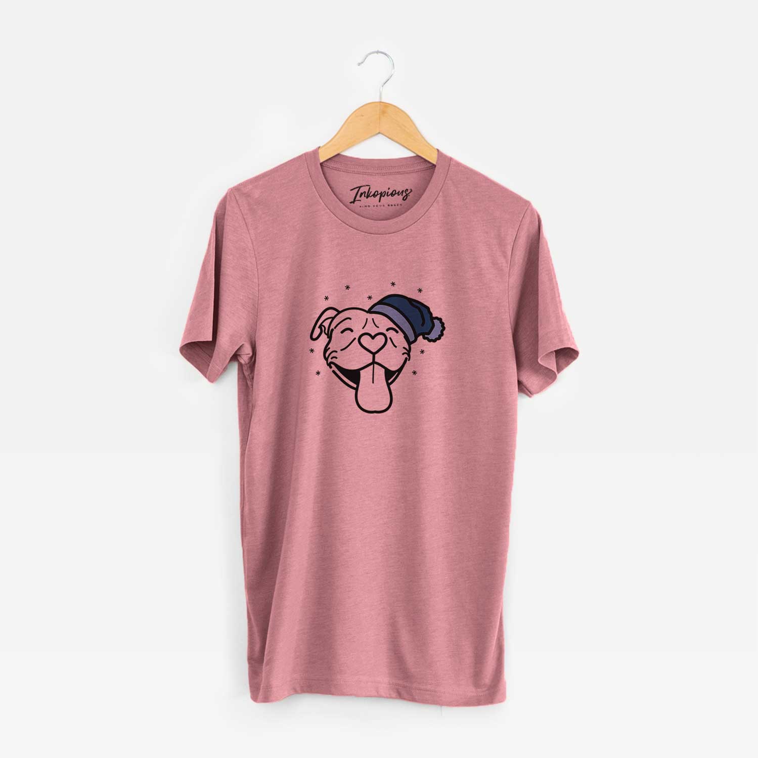 Minimalist line drawing of Louie the Pitbull wearing a winter beanie on a Mauve Unisex crewneck