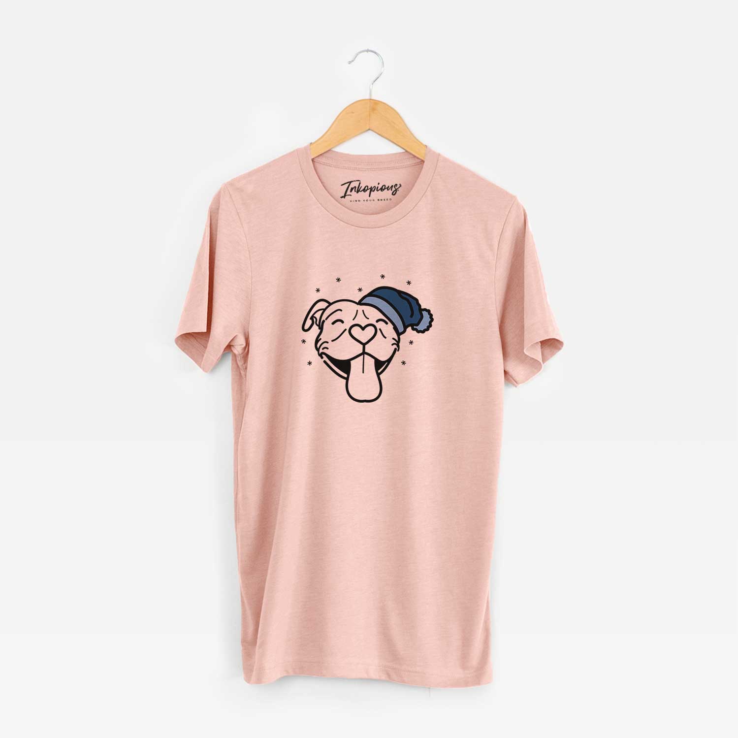Minimalist line drawing of Louie the Pitbull wearing a winter beanie on a Peach Unisex crewneck