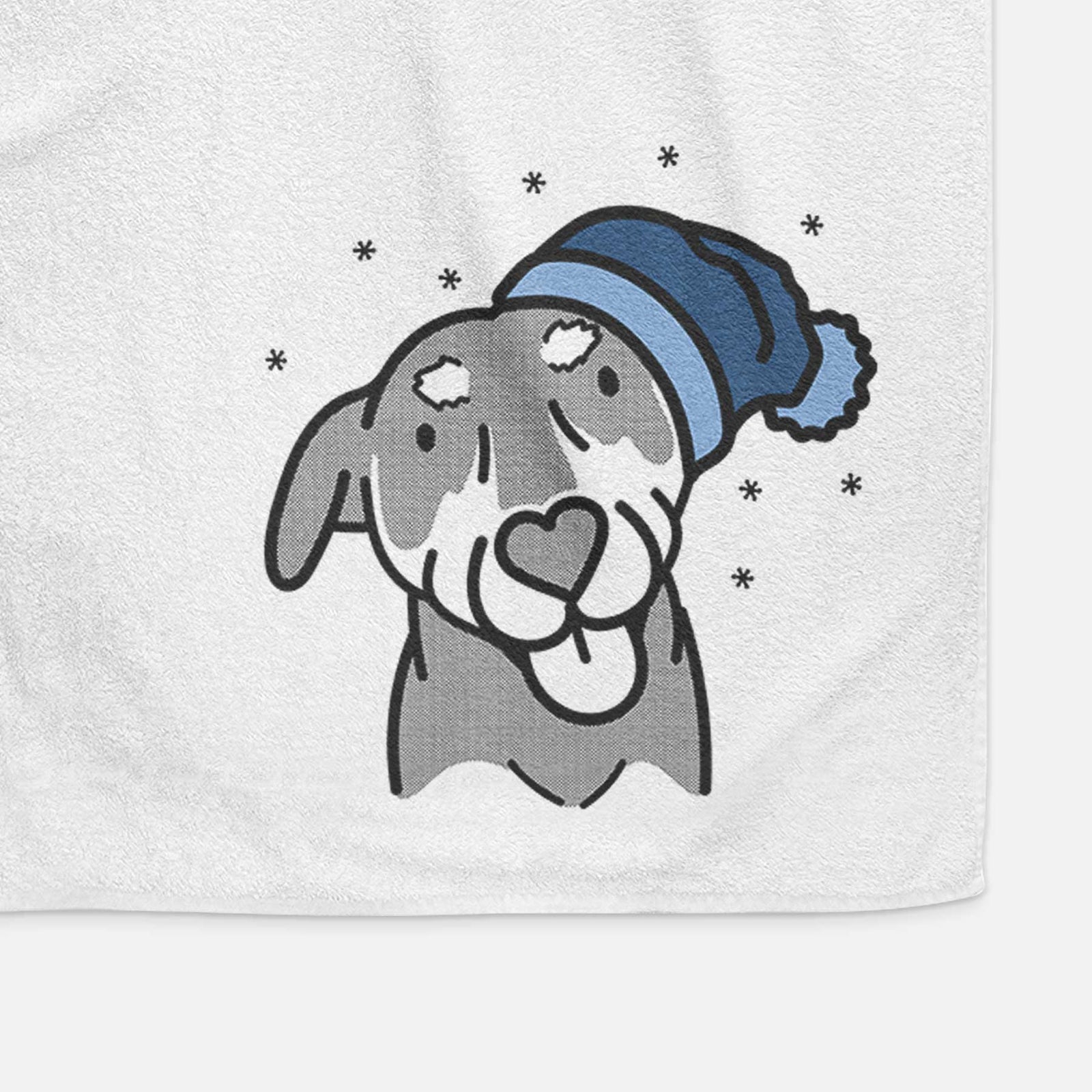 Minimalist line drawing of Lousia the Mixed Breed wearing a winter beanie on a decorative hand towel