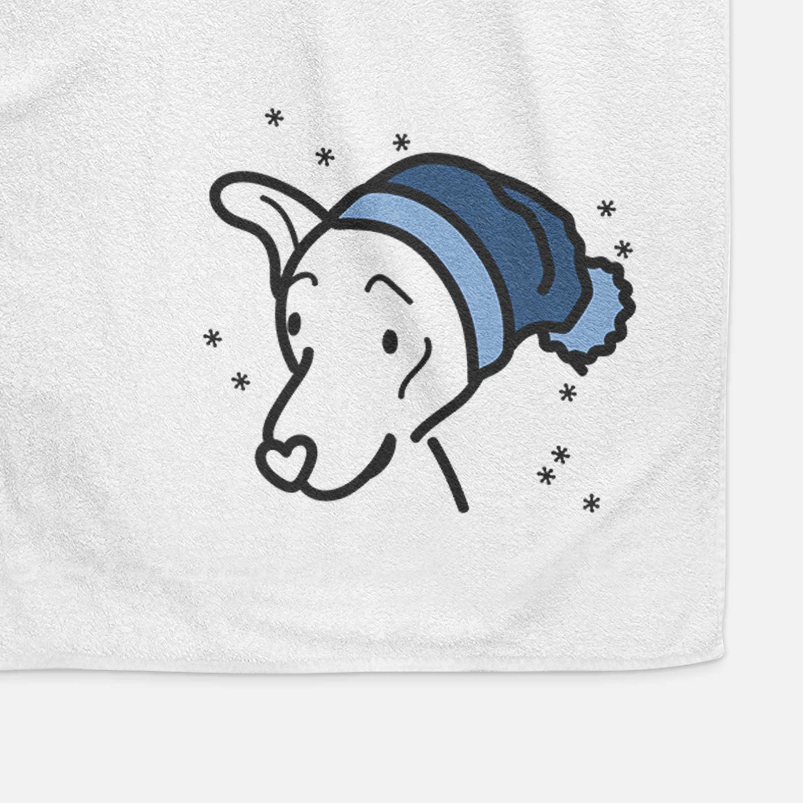 Minimalist line drawing of Lucky the Mixed Breed wearing a winter beanie on a decorative hand towel