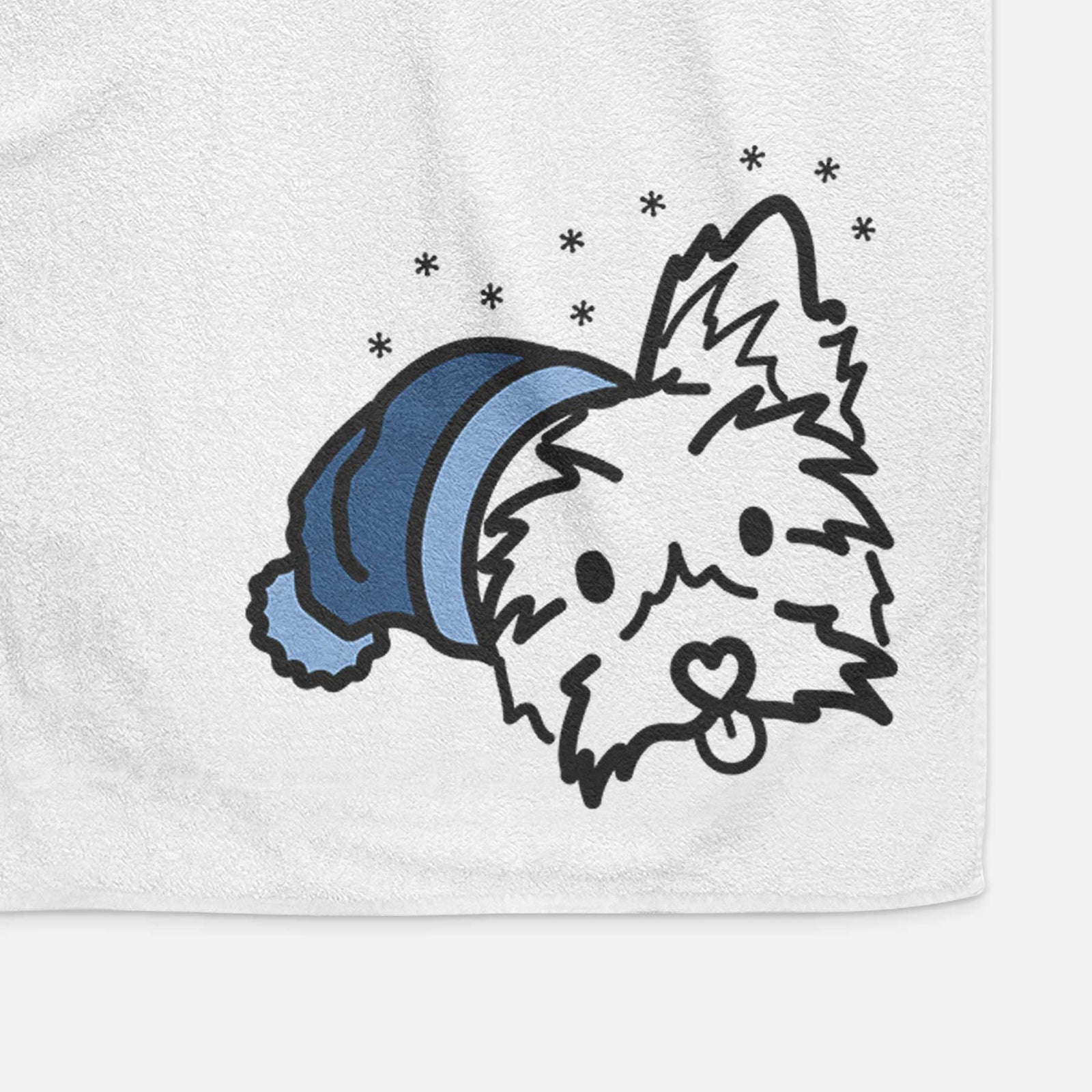 Minimalist line drawing of Luna the Yorkshire Terrier wearing a winter beanie on a decorative hand towel
