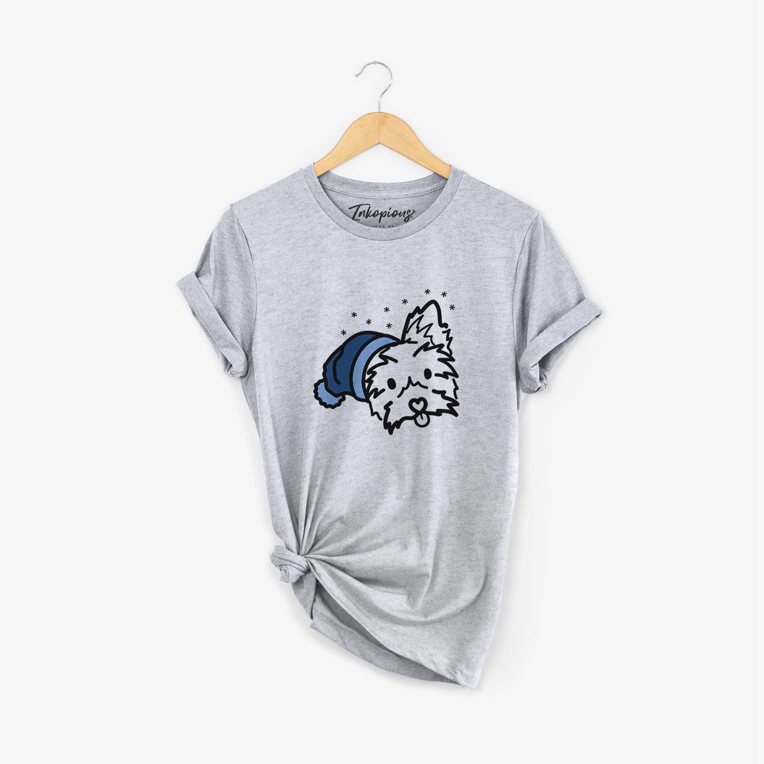 Minimalist line drawing of Luna the Yorkshire Terrier wearing a winter beanie on a Grey Unisex crewneck