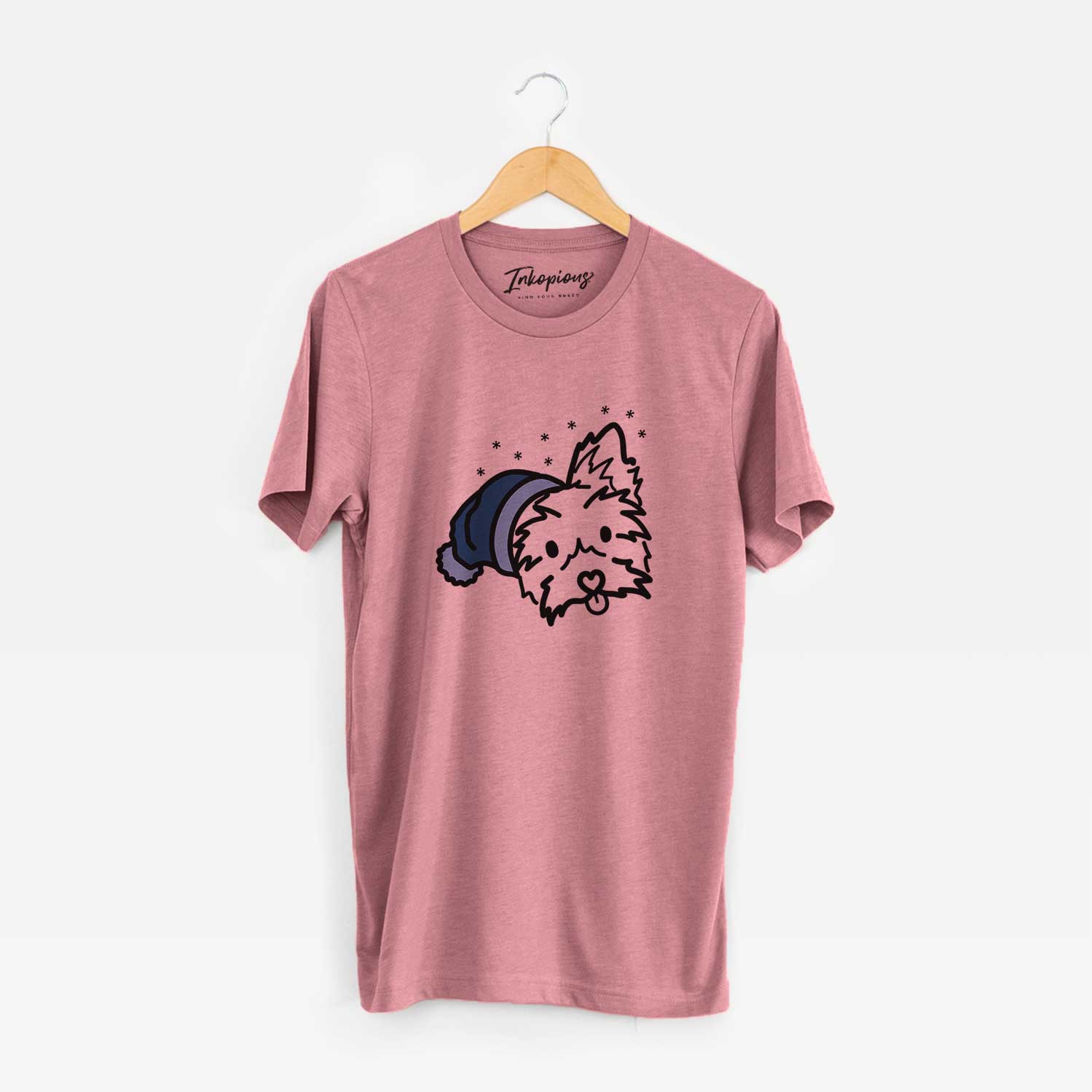 Minimalist line drawing of Luna the Yorkshire Terrier wearing a winter beanie on a Mauve Unisex crewneck