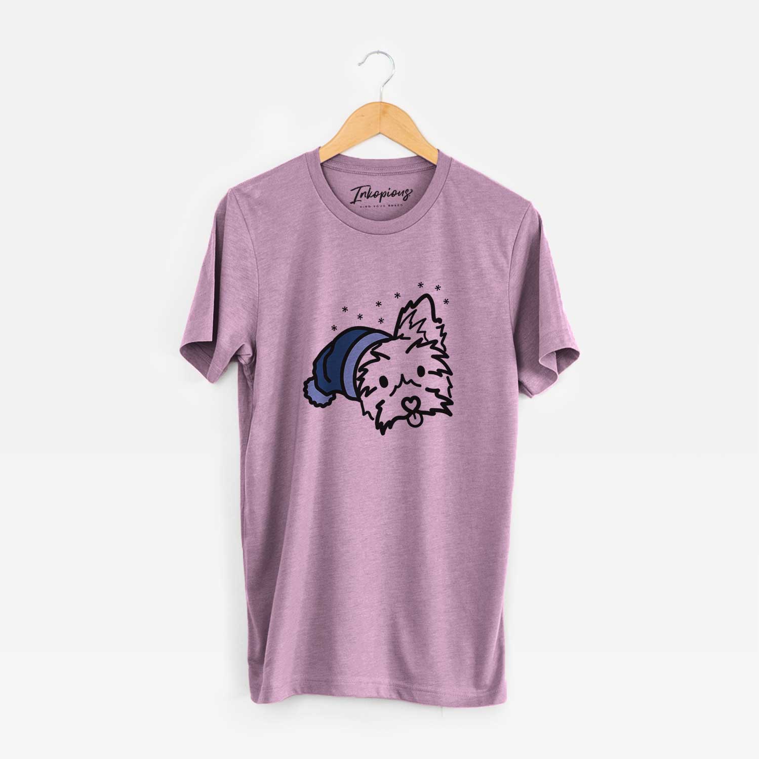 Minimalist line drawing of Luna the Yorkshire Terrier wearing a winter beanie on an Orchid Unisex crewneck