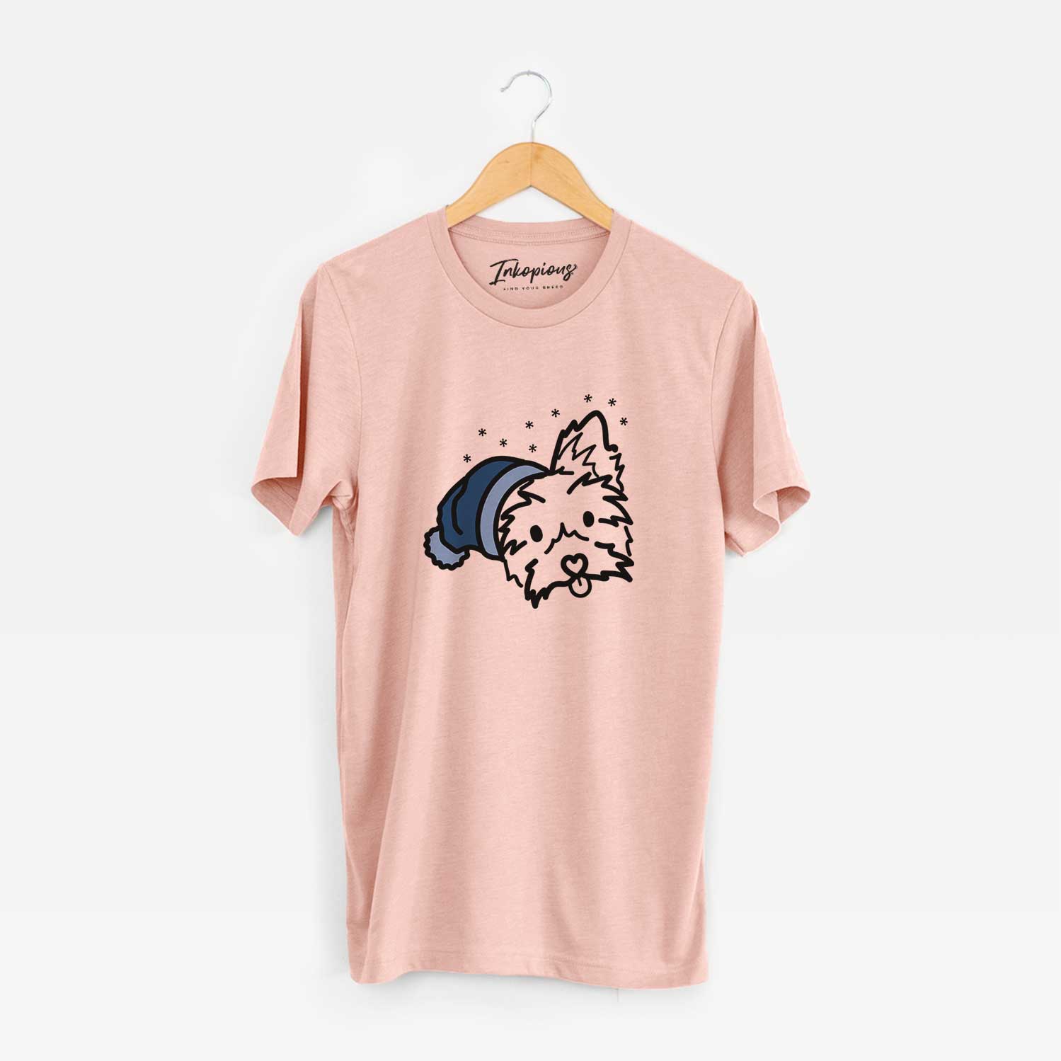 Minimalist line drawing of Luna the Yorkshire Terrier wearing a winter beanie on a Peach Unisex crewneck