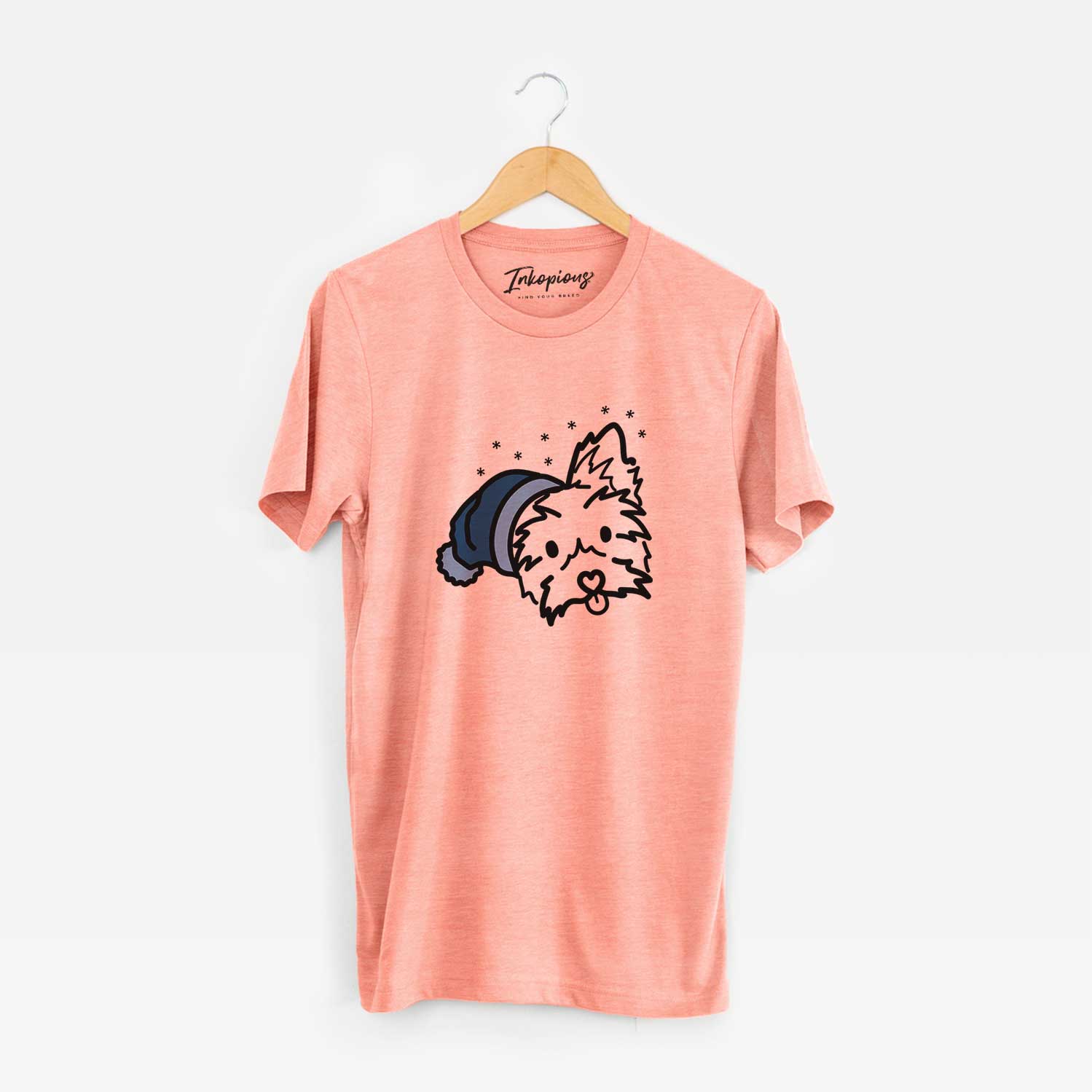 Minimalist line drawing of Luna the Yorkshire Terrier wearing a winter beanie on a Sunset Unisex crewneck
