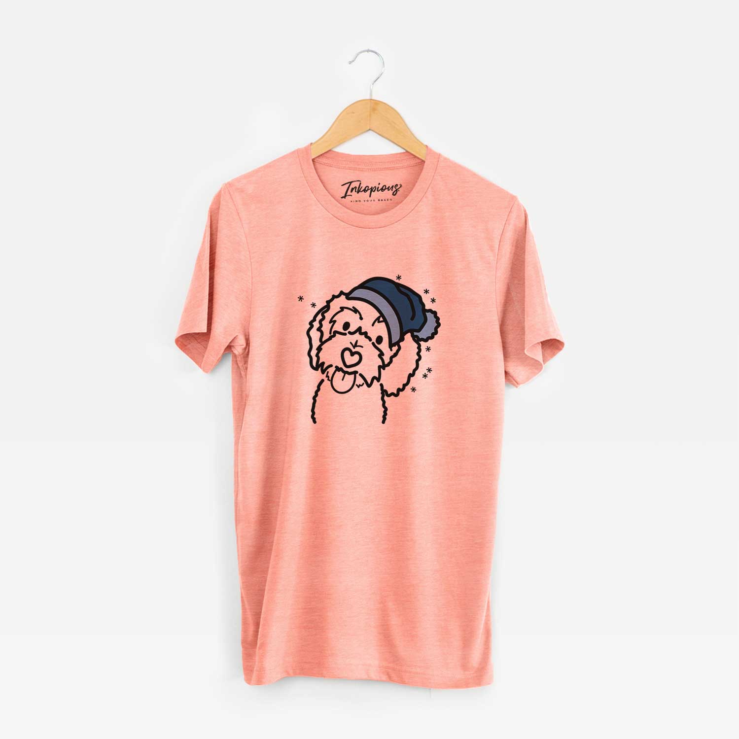Minimalist line drawing of Mabel the Bernedoodle wearing a winter beanie on a Sunset Unisex crewneck