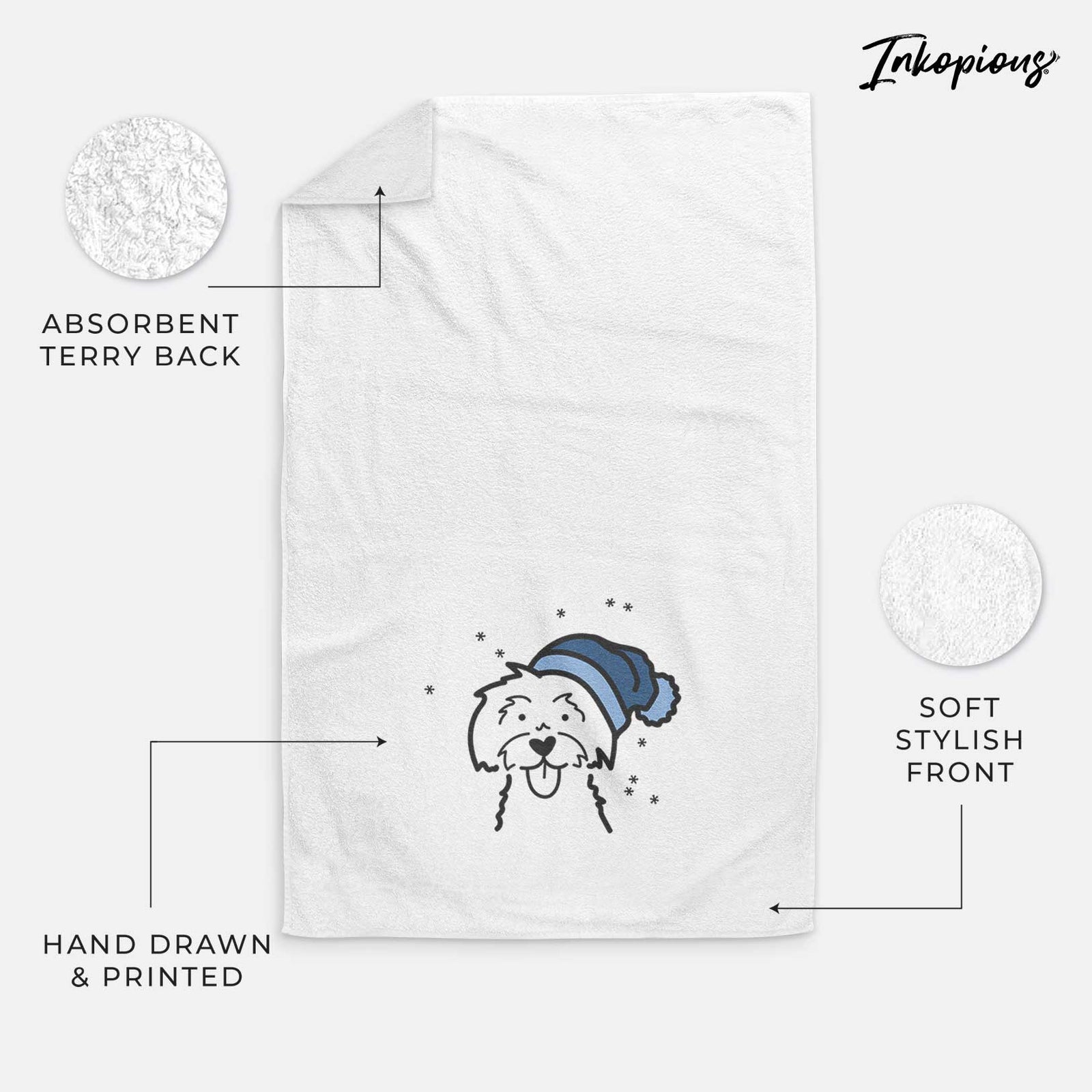 Minimalist line drawing of a Maltese wearing a winter beanie on a decorative hand towel