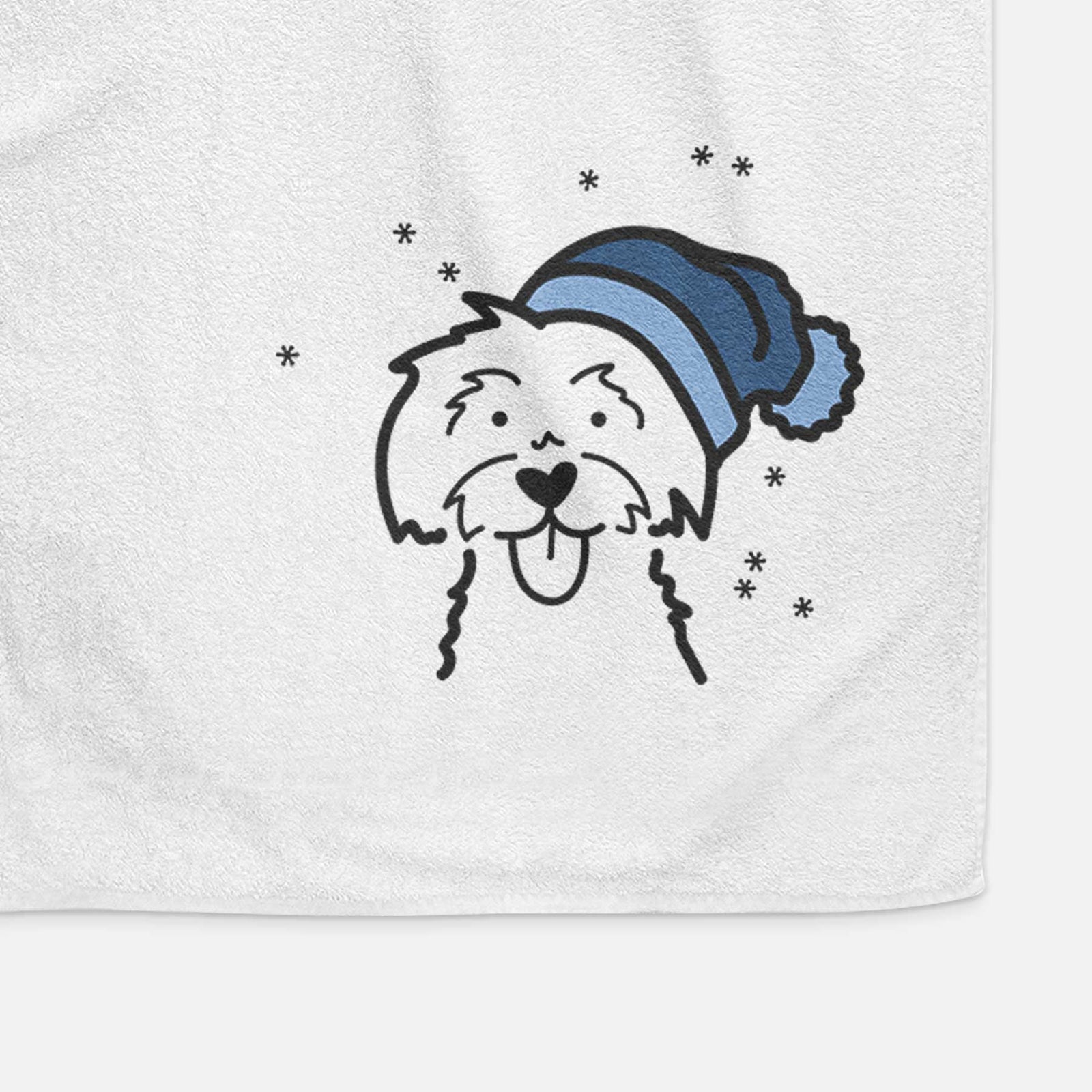 Minimalist line drawing of a Maltese wearing a winter beanie on a decorative hand towel