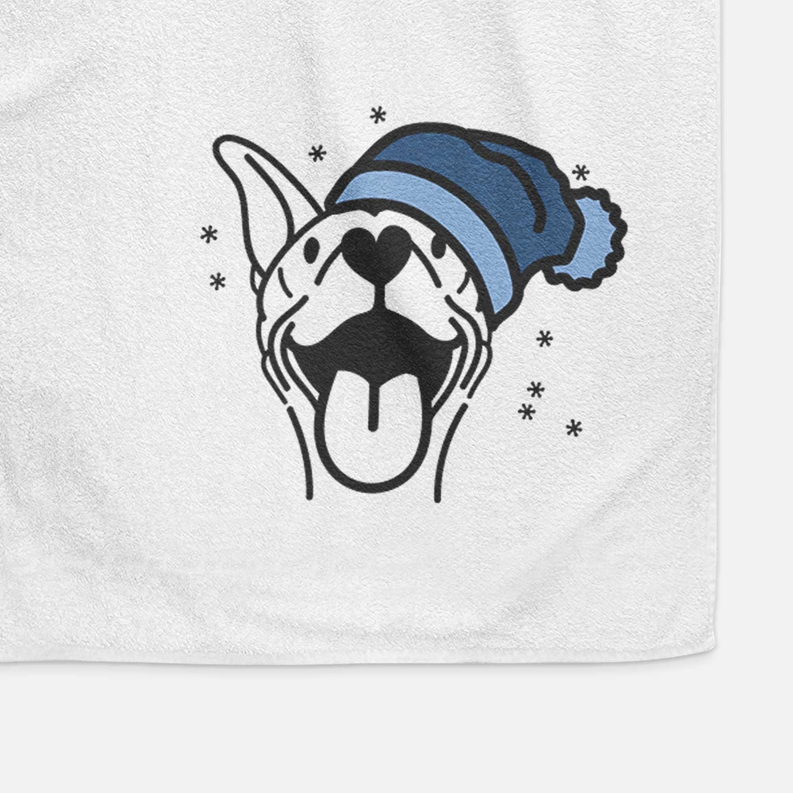 Minimalist line drawing of Merlin the Basenji wearing a winter beanie on a decorative hand towel