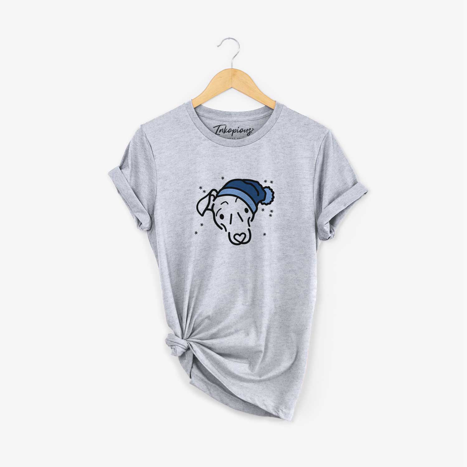 Minimalist line drawing of Millie the Mixed Breed wearing a winter beanie on a Grey Unisex crewneck