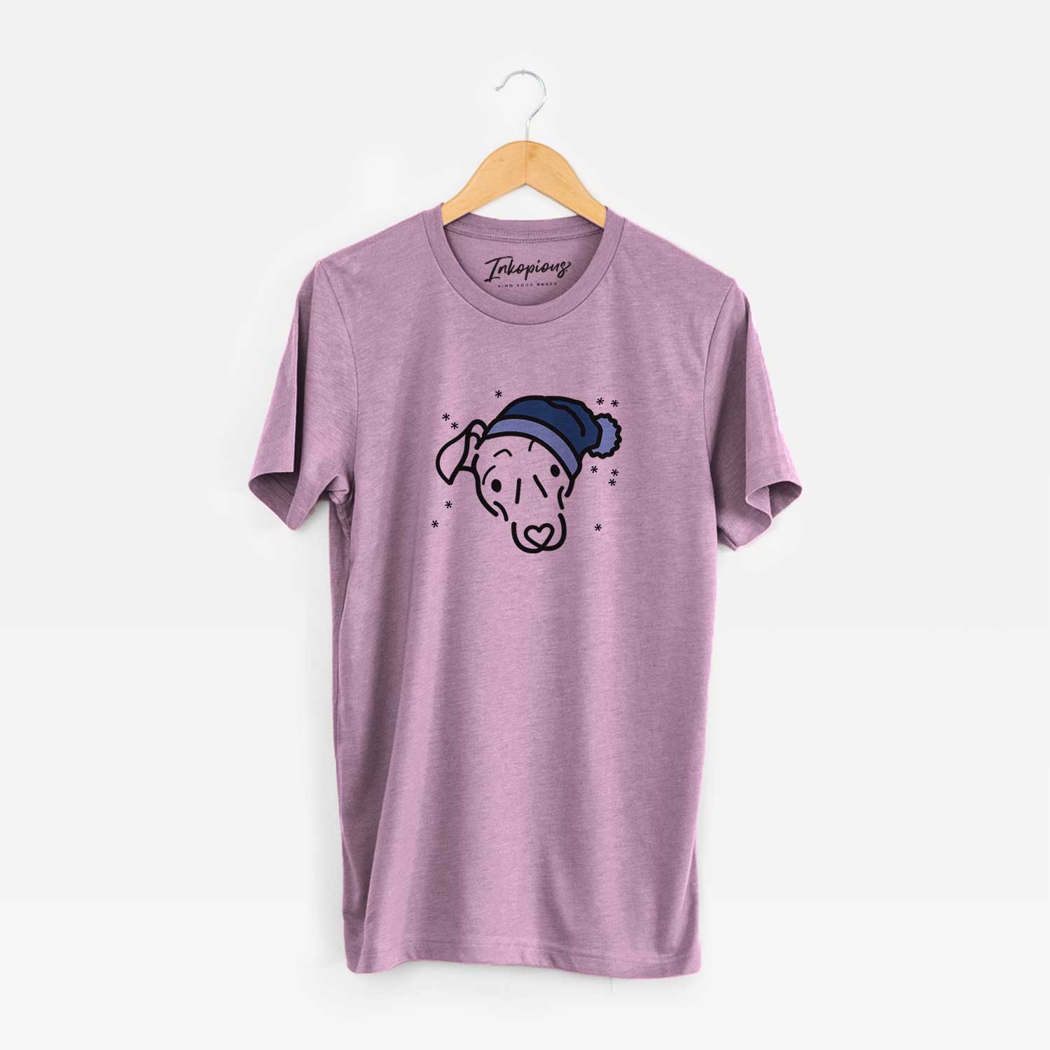 Minimalist line drawing of Millie the Mixed Breed wearing a winter beanie on an Orchid Unisex crewneck