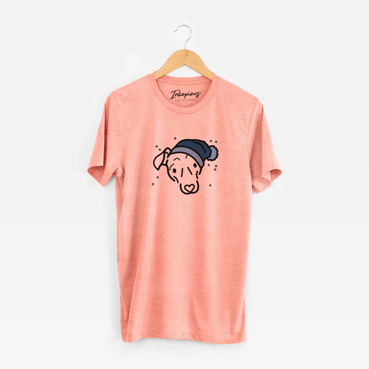 Minimalist line drawing of Millie the Mixed Breed wearing a winter beanie on a Sunset Unisex crewneck