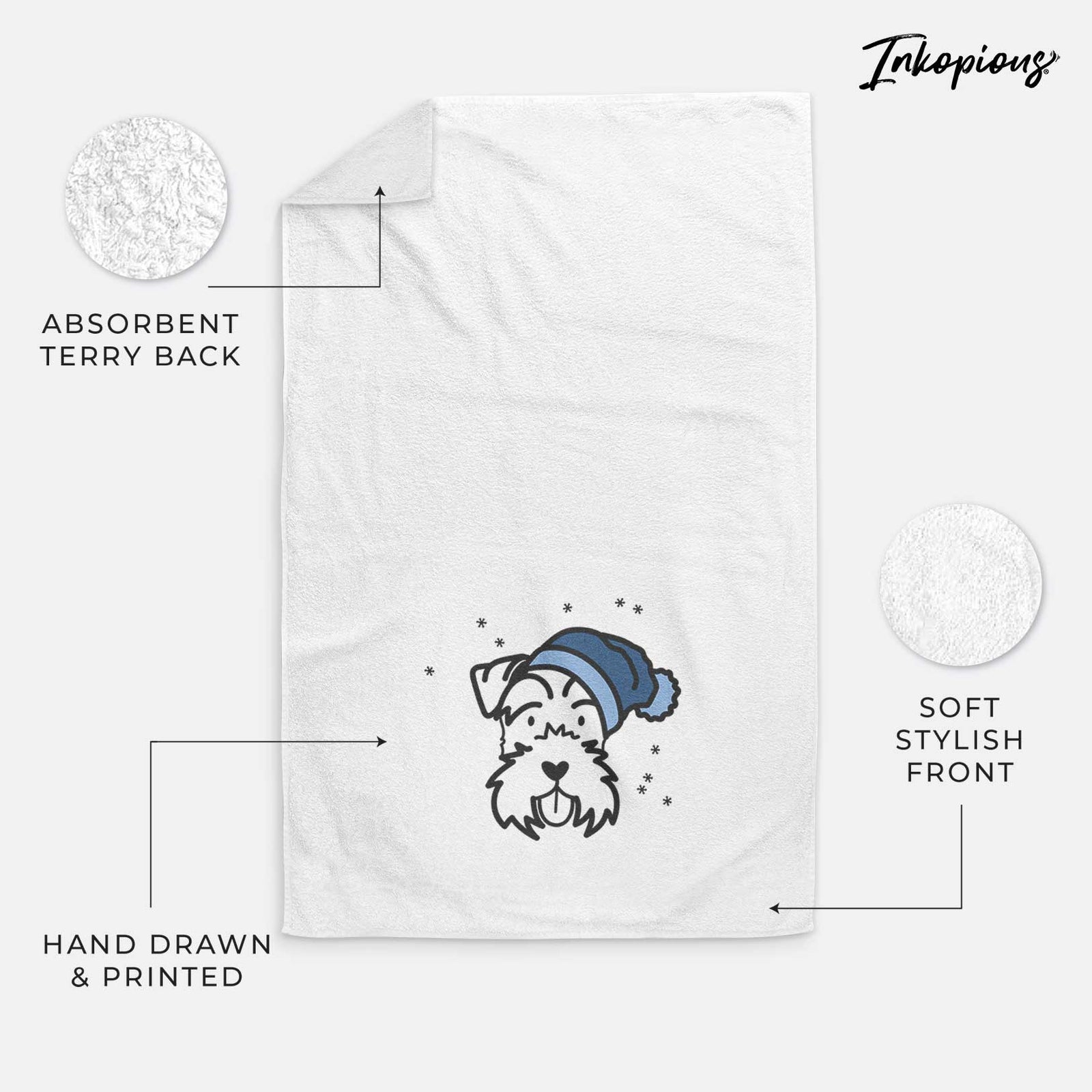 Minimalist line drawing of a Miniature Schnauzer wearing a winter beanie on a decorative hand towel