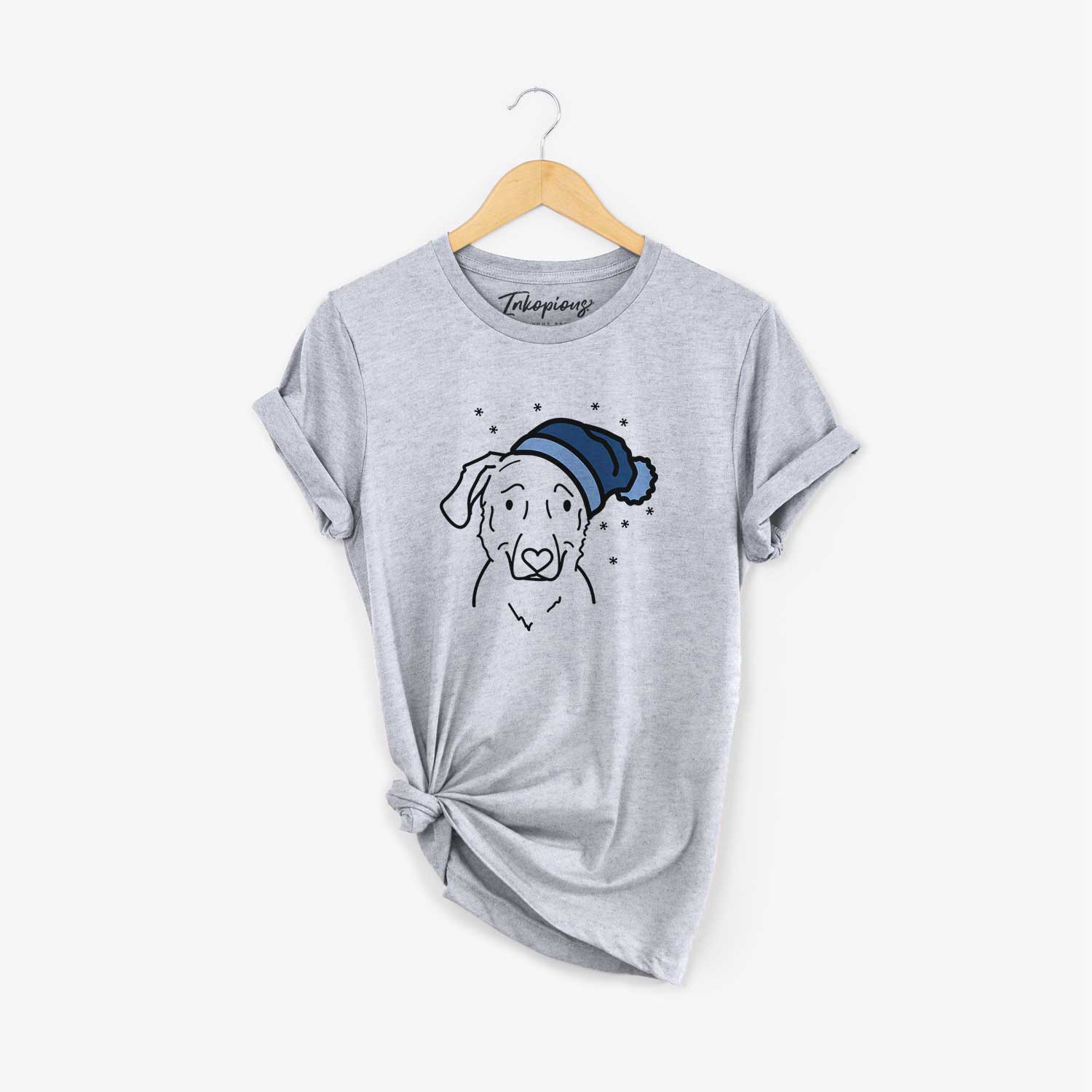 Minimalist line drawing of Mitzi the Golden Retriever Mix wearing a winter beanie on a Grey Unisex crewneck