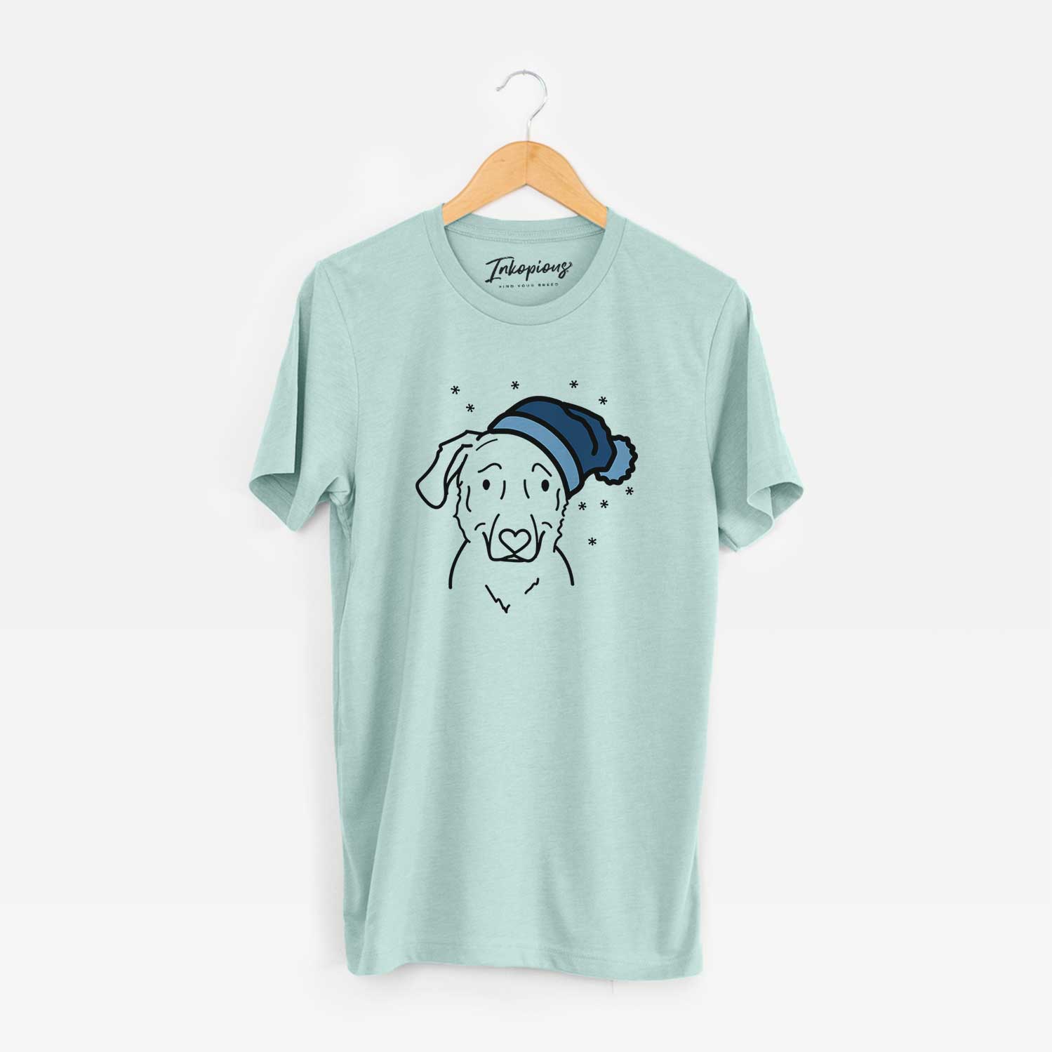 Minimalist line drawing of Mitzi the Golden Retriever Mix wearing a winter beanie on a Heather Sage Unisex crewneck