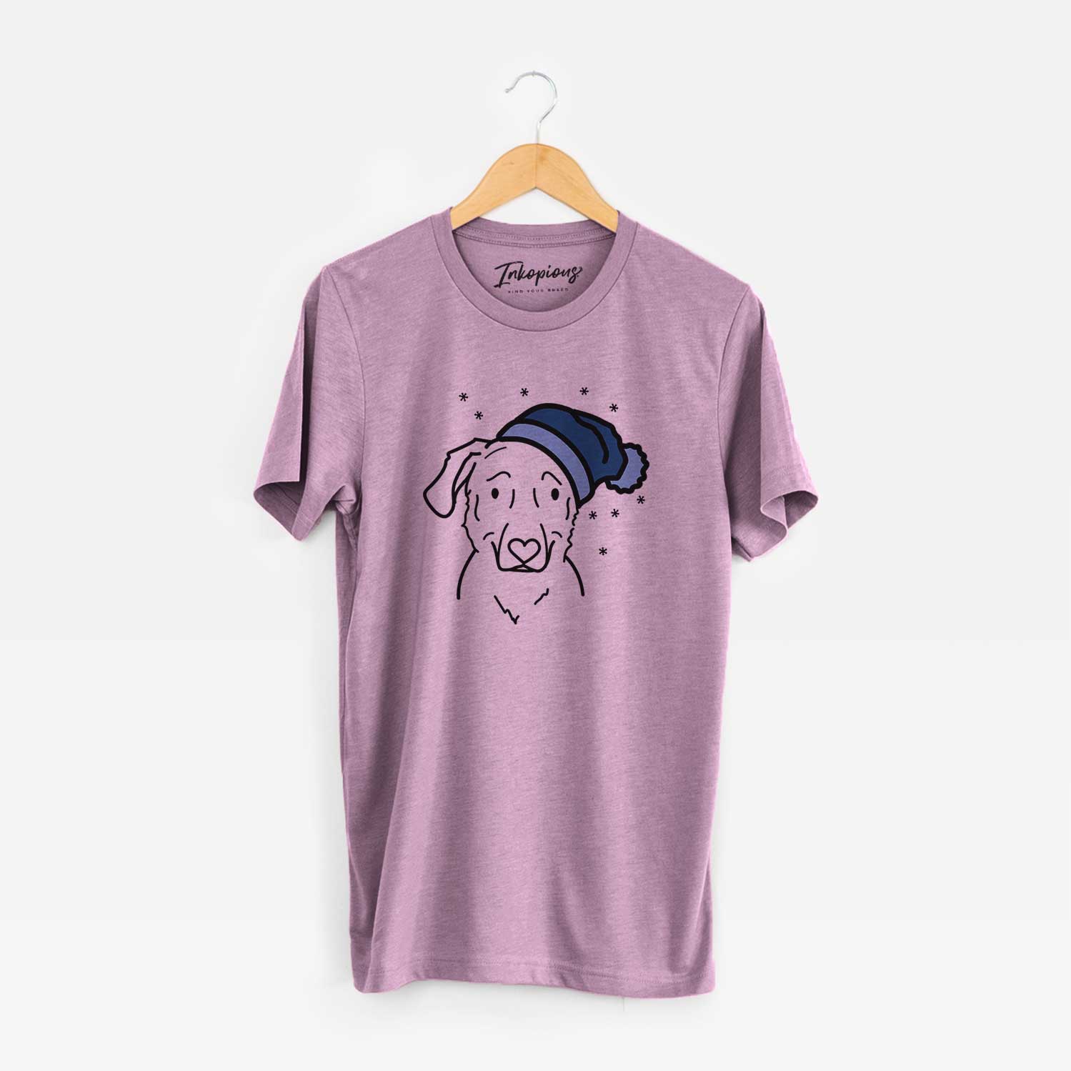 Minimalist line drawing of Mitzi the Golden Retriever Mix wearing a winter beanie on an Orchid Unisex crewneck