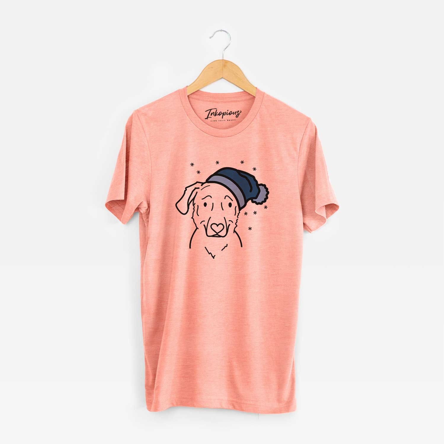 Minimalist line drawing of Mitzi the Golden Retriever Mix wearing a winter beanie on a Sunset Unisex crewneck