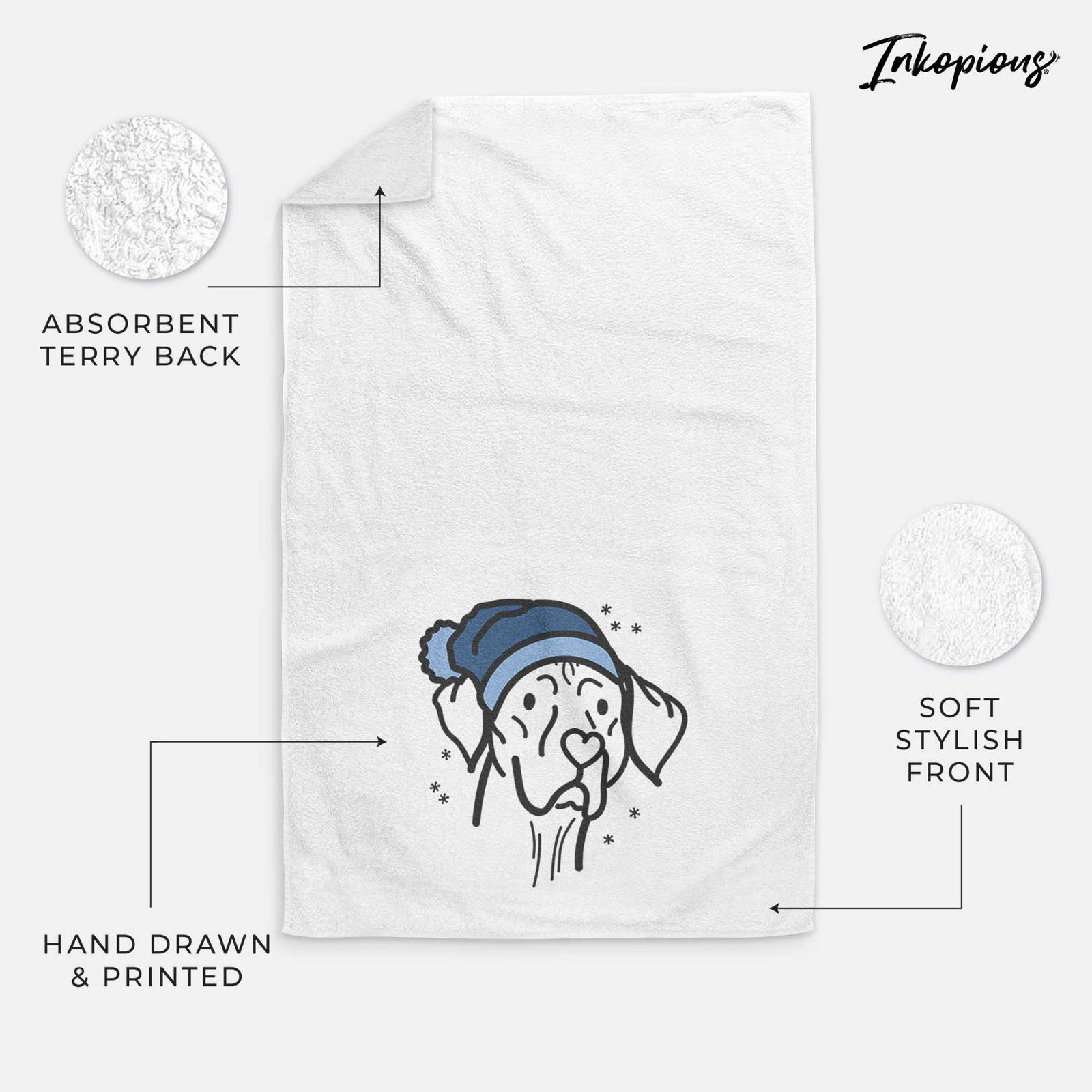 Minimalist line drawing of Moose the Vizsla wearing a winter beanie on a decorative hand towel