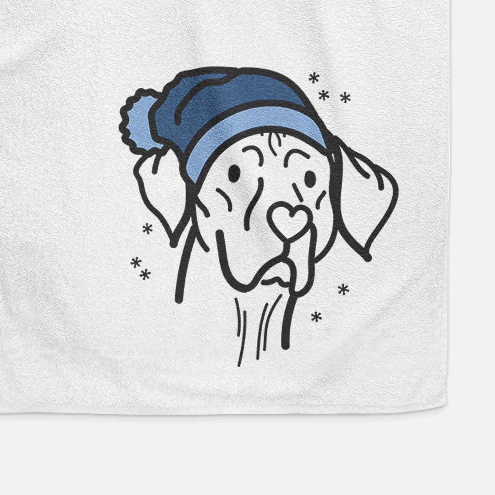 Minimalist line drawing of Moose the Vizsla wearing a winter beanie on a decorative hand towel