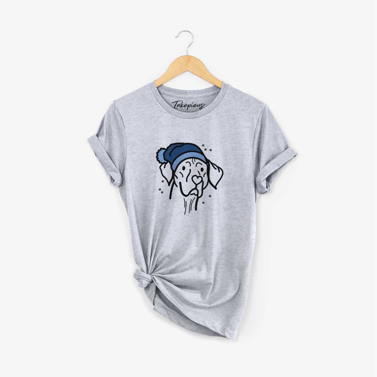 Minimalist line drawing of Moose the Vizsla wearing a winter beanie on a Grey Unisex crewneck