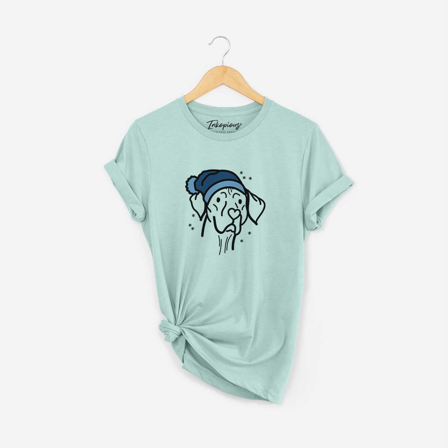Minimalist line drawing of Moose the Vizsla wearing a winter beanie on a Heather Sage Unisex crewneck