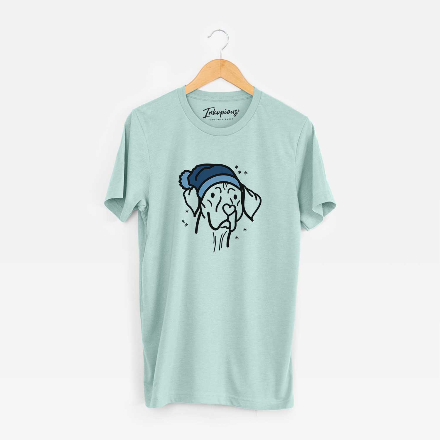 Minimalist line drawing of Moose the Vizsla wearing a winter beanie on a Heather Sage Unisex crewneck