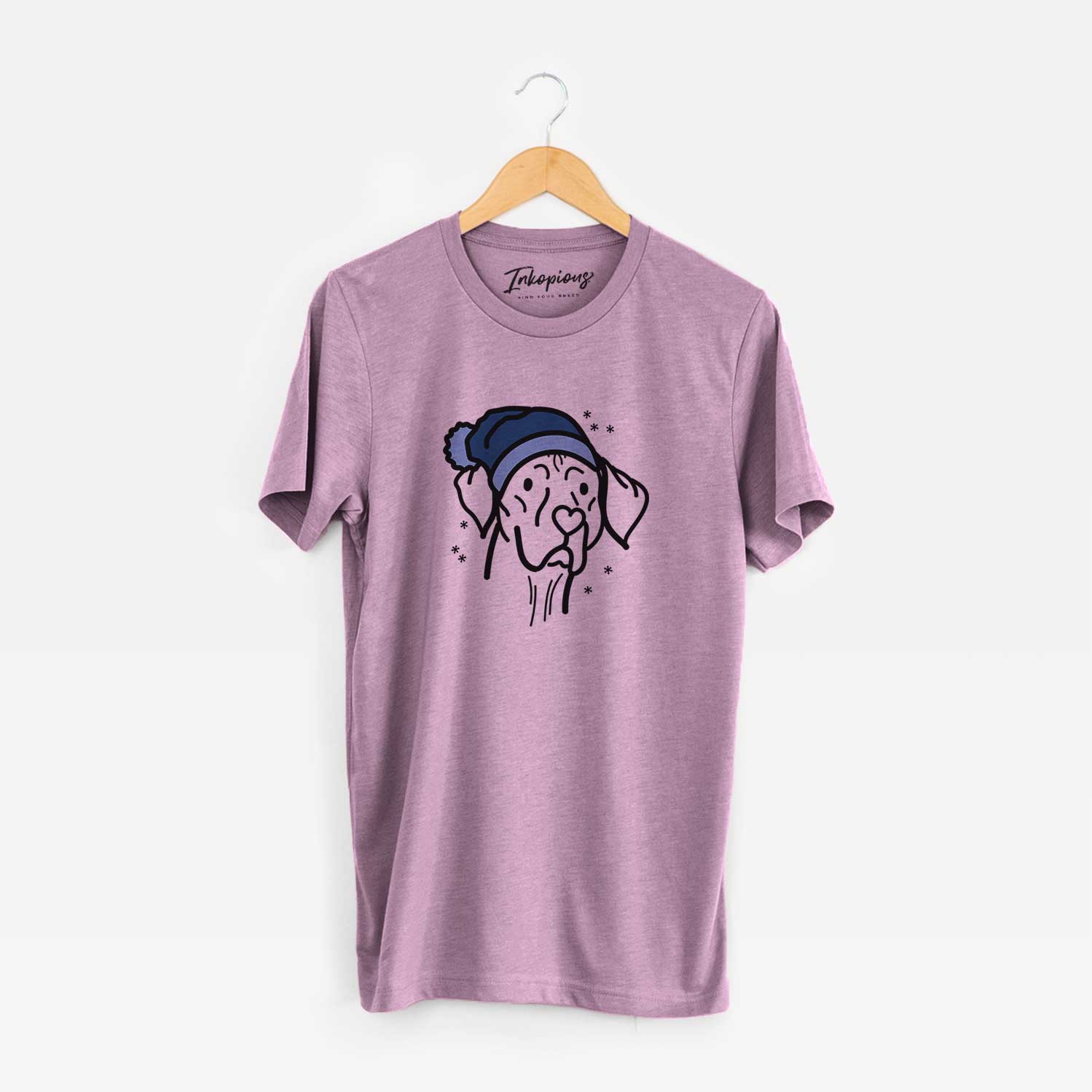 Minimalist line drawing of Moose the Vizsla wearing a winter beanie on an Orchid Unisex crewneck