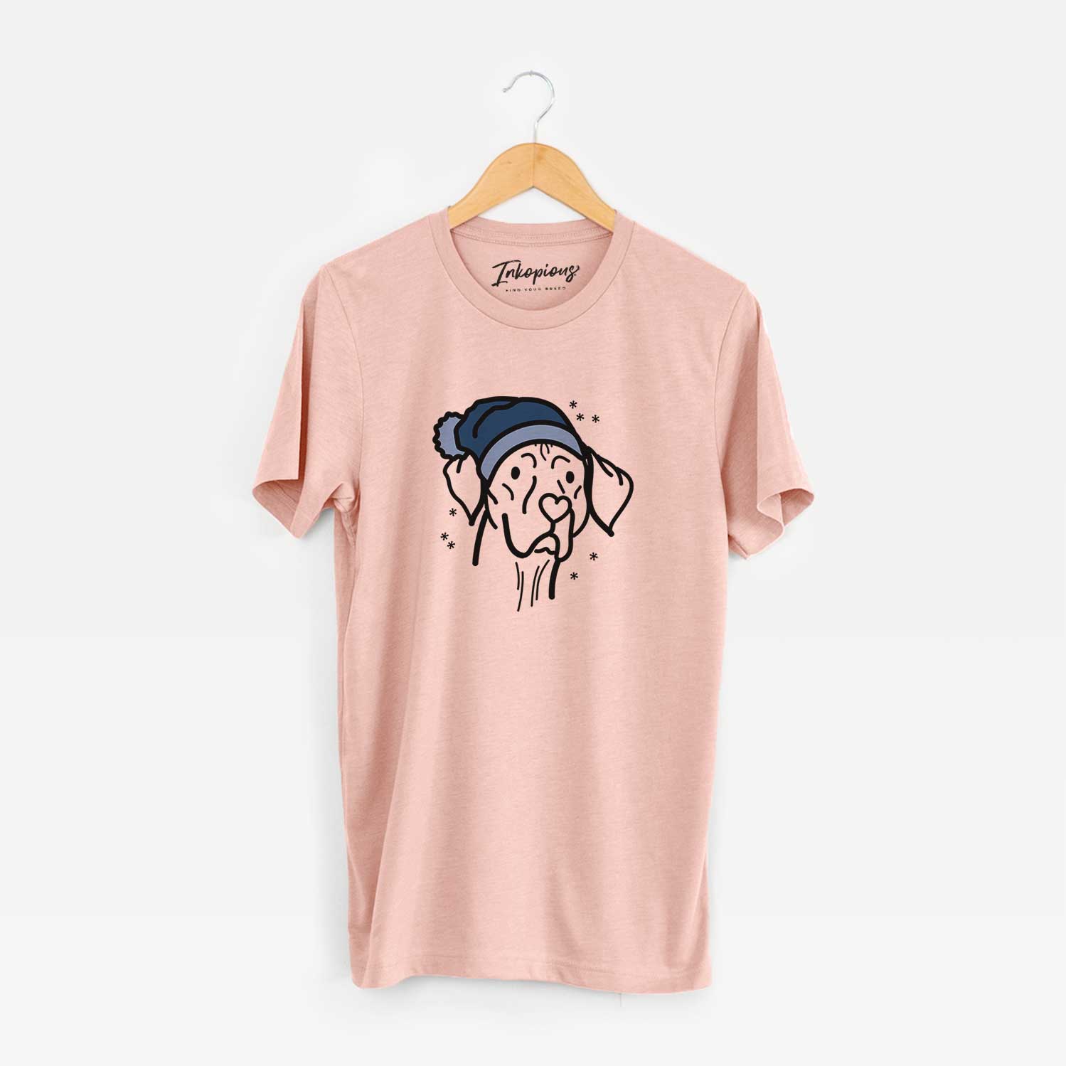 Minimalist line drawing of Moose the Vizsla wearing a winter beanie on a Peach Unisex crewneck