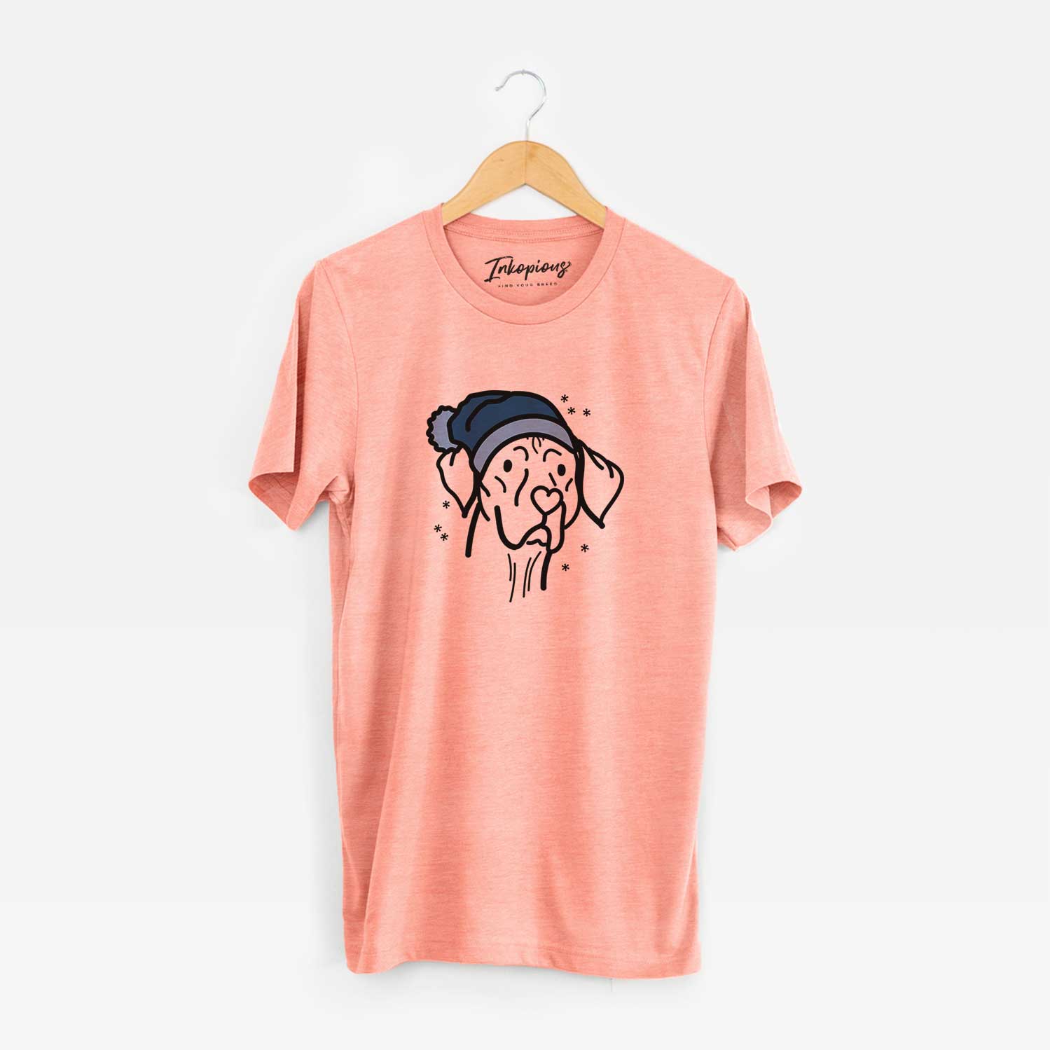 Minimalist line drawing of Moose the Vizsla wearing a winter beanie on a Sunset Unisex crewneck