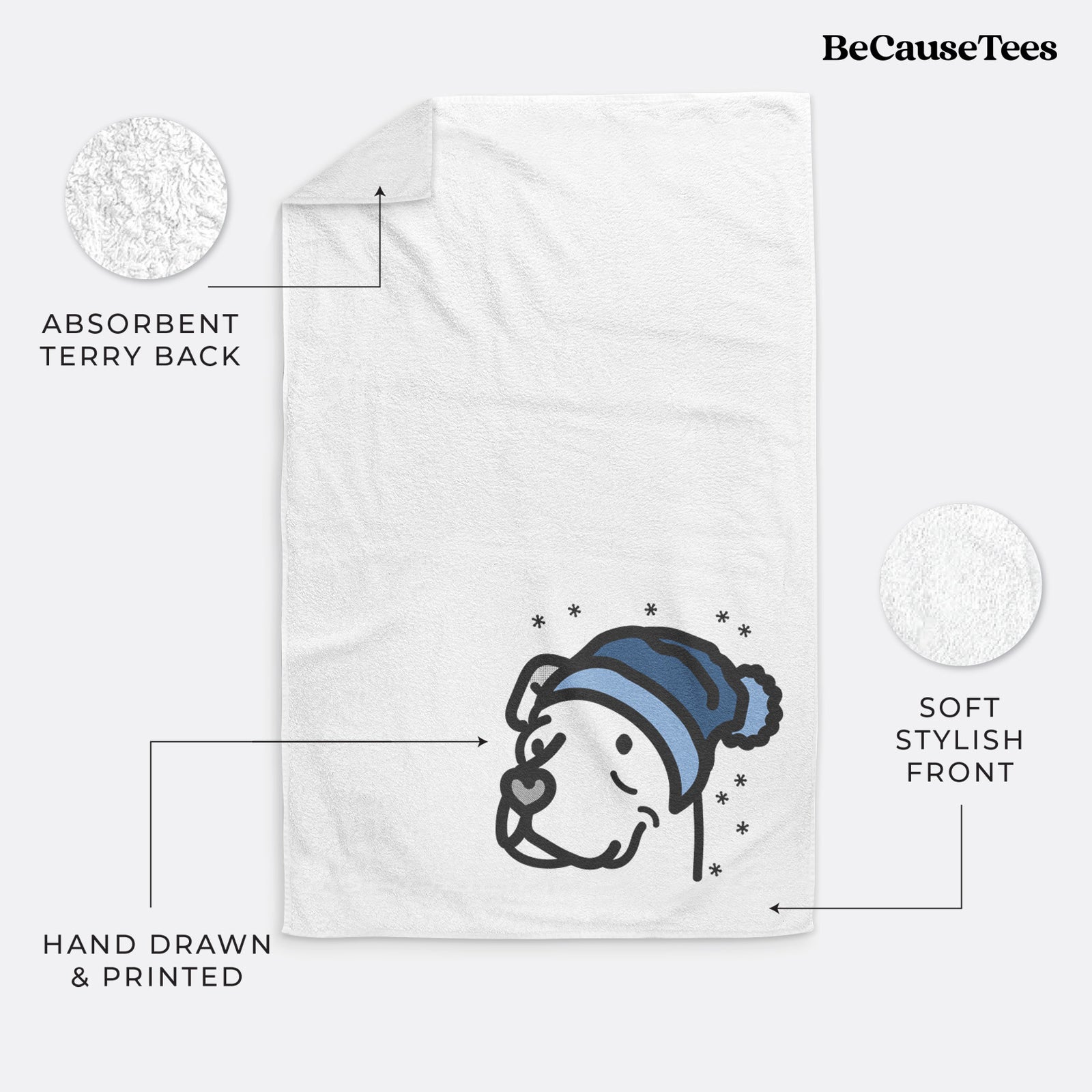 Minimalist line drawing of Mr. Sir the Pitbull Mix wearing a winter beanie on a decorative hand towel
