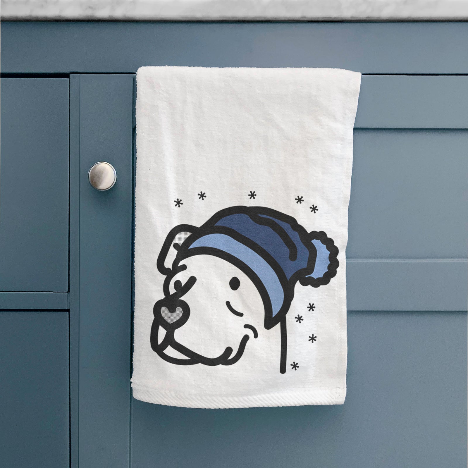 Minimalist line drawing of Mr. Sir the Pitbull Mix wearing a winter beanie on a decorative hand towel