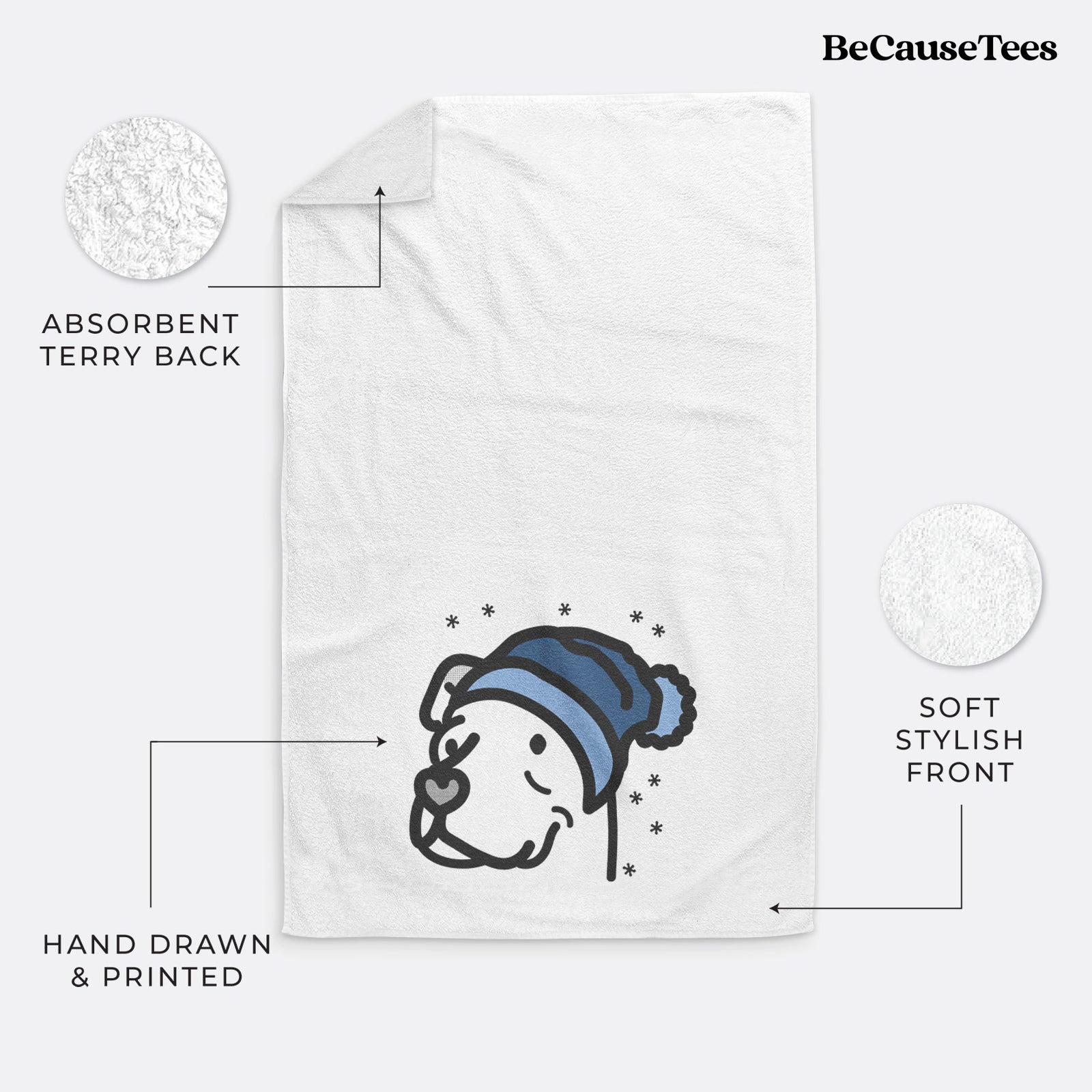 Minimalist line drawing of Mr. Sir the Pitbull Mix wearing a winter beanie on a decorative hand towel