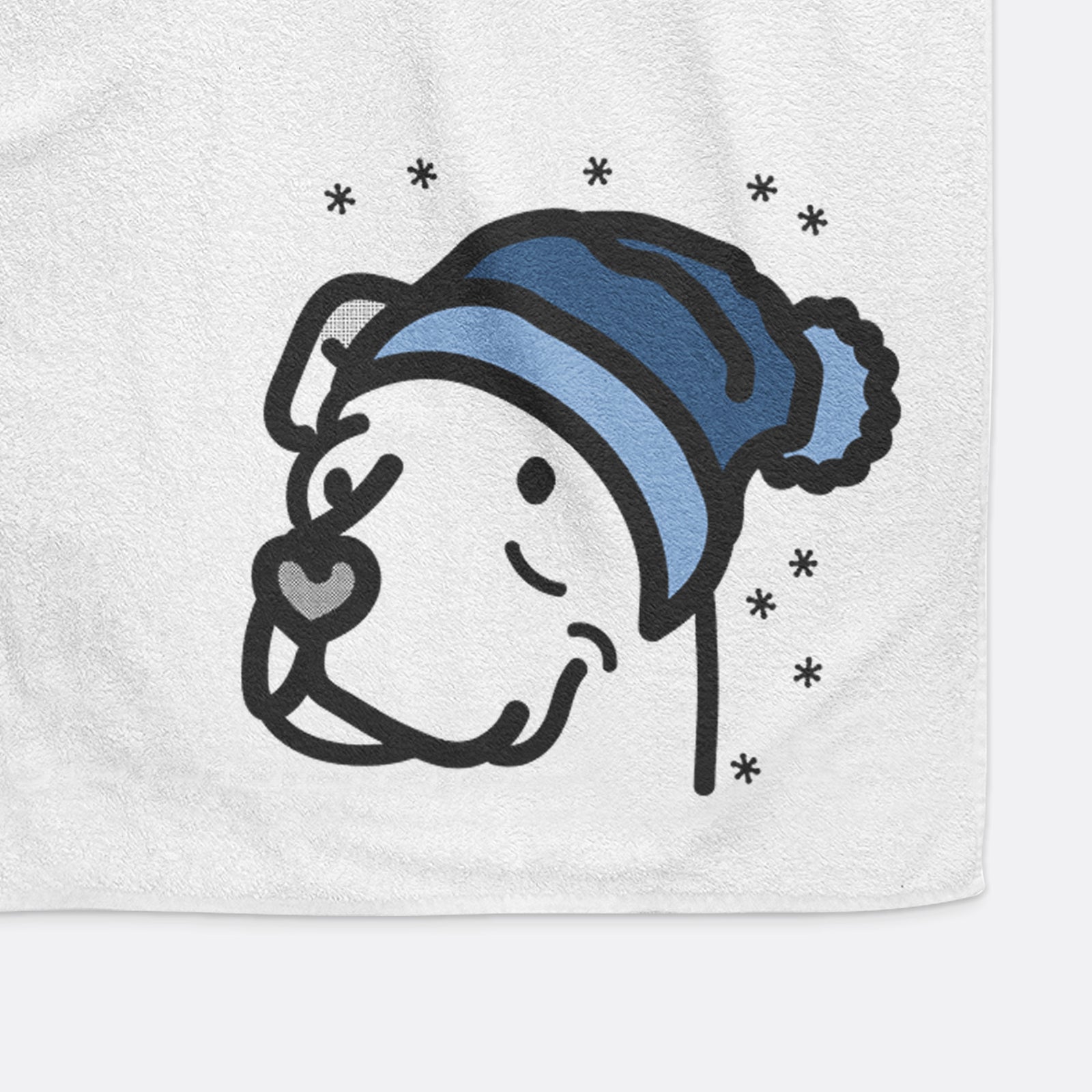 Minimalist line drawing of Mr. Sir the Pitbull Mix wearing a winter beanie on a decorative hand towel