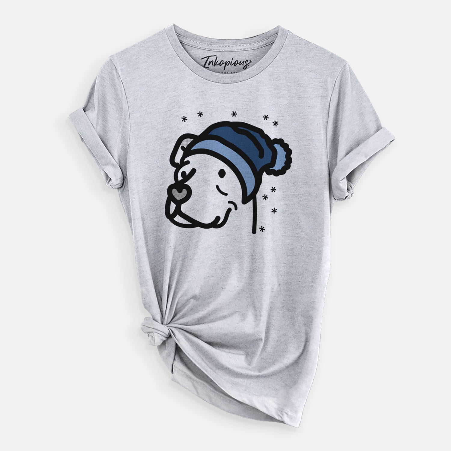 Minimalist line drawing of Mr. Sir the Pitbull Mix wearing a winter beanie on a Grey Unisex crewneck