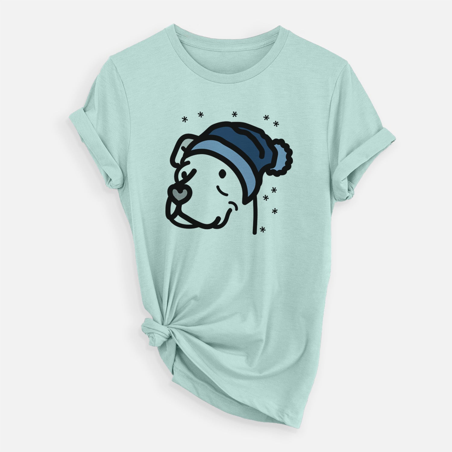Minimalist line drawing of Mr. Sir the Pitbull Mix wearing a winter beanie on a Heather Sage Unisex crewneck