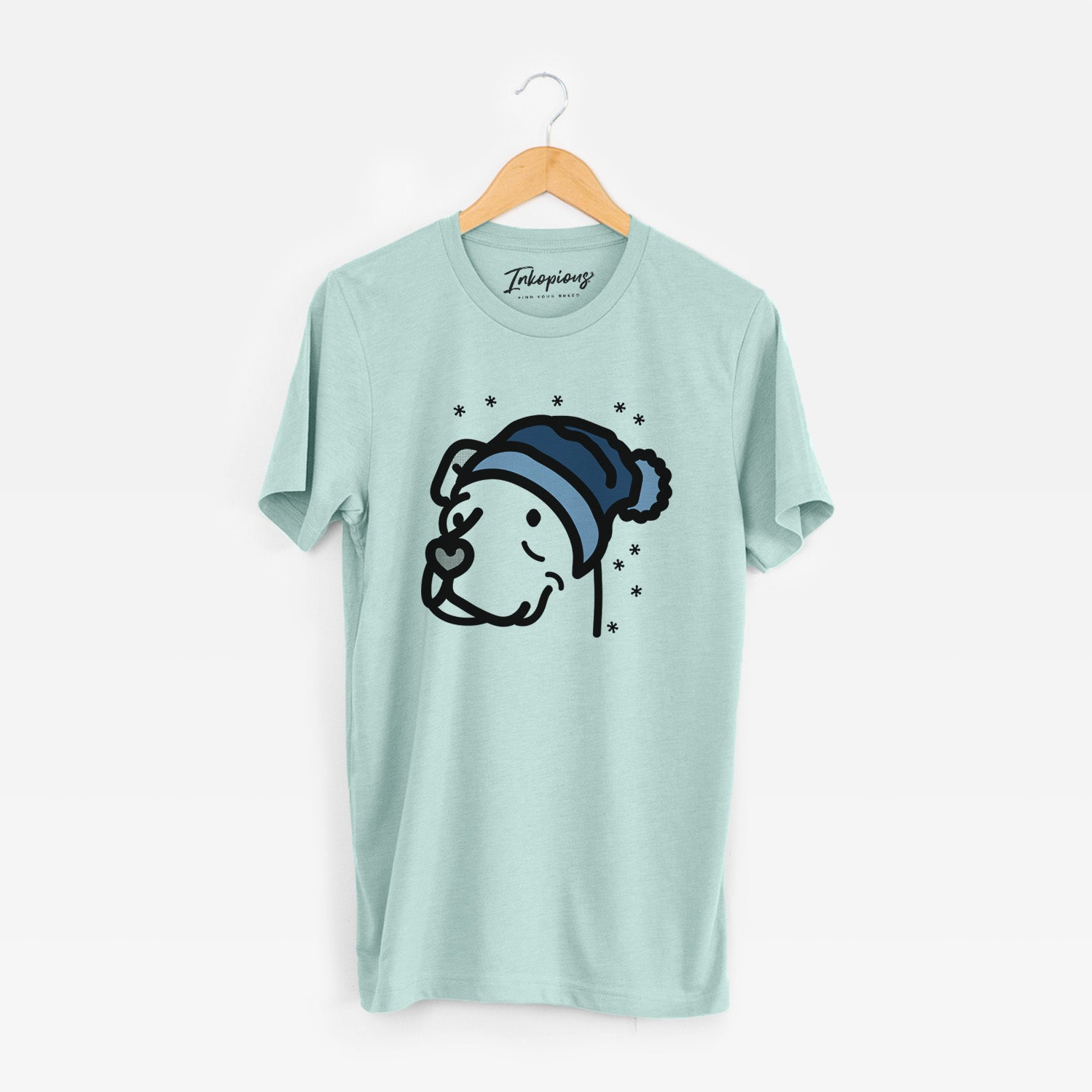 Minimalist line drawing of Mr. Sir the Pitbull Mix wearing a winter beanie on a Heather Sage Unisex crewneck