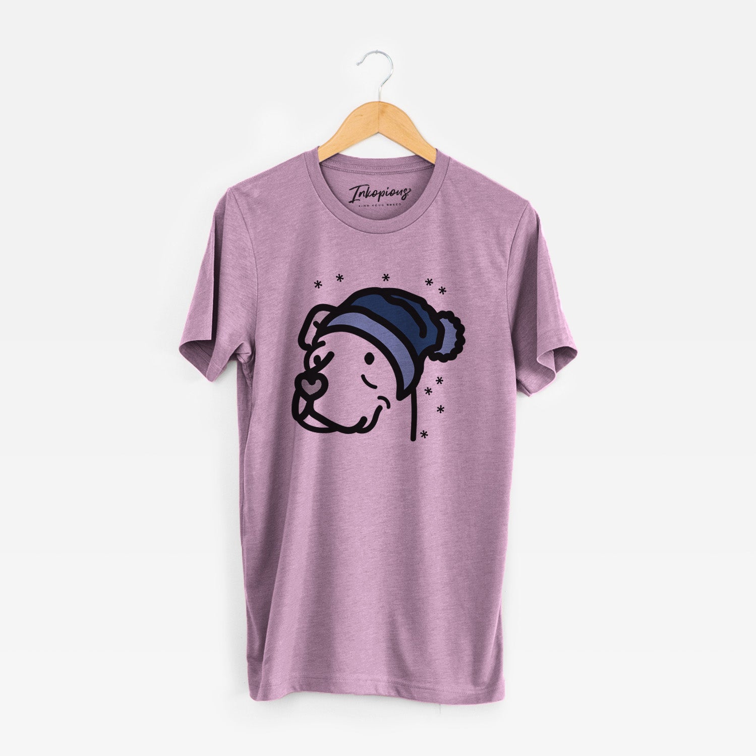 Minimalist line drawing of Mr. Sir the Pitbull Mix wearing a winter beanie on an Orchid Unisex crewneck