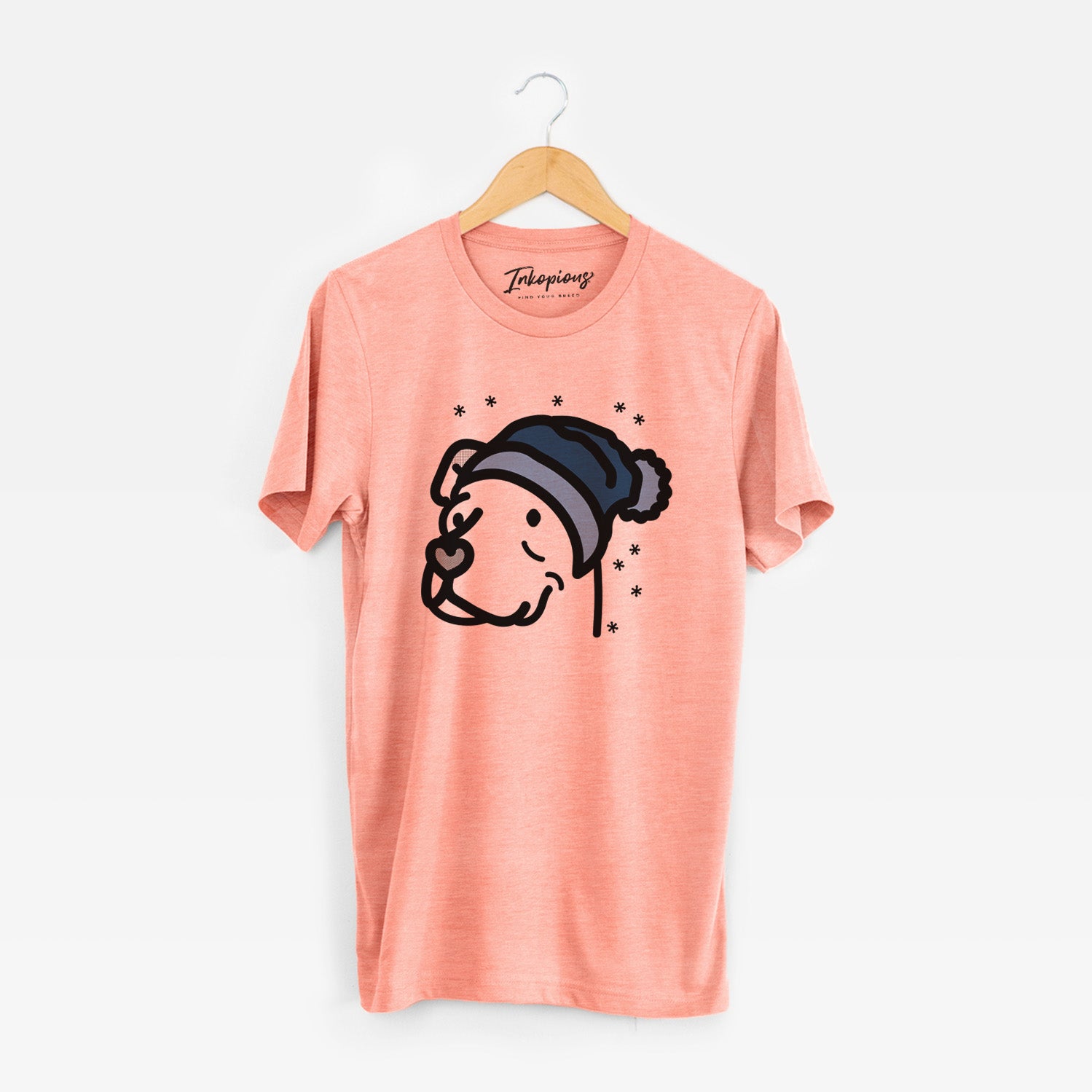 Minimalist line drawing of Mr. Sir the Pitbull Mix wearing a winter beanie on a Sunset Unisex crewneck